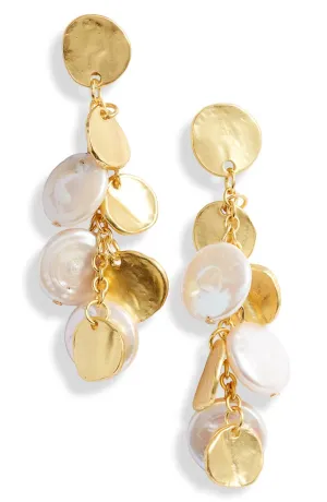 Coin and flat pearl chandelier earrings