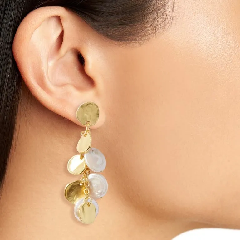 Coin and flat pearl chandelier earrings