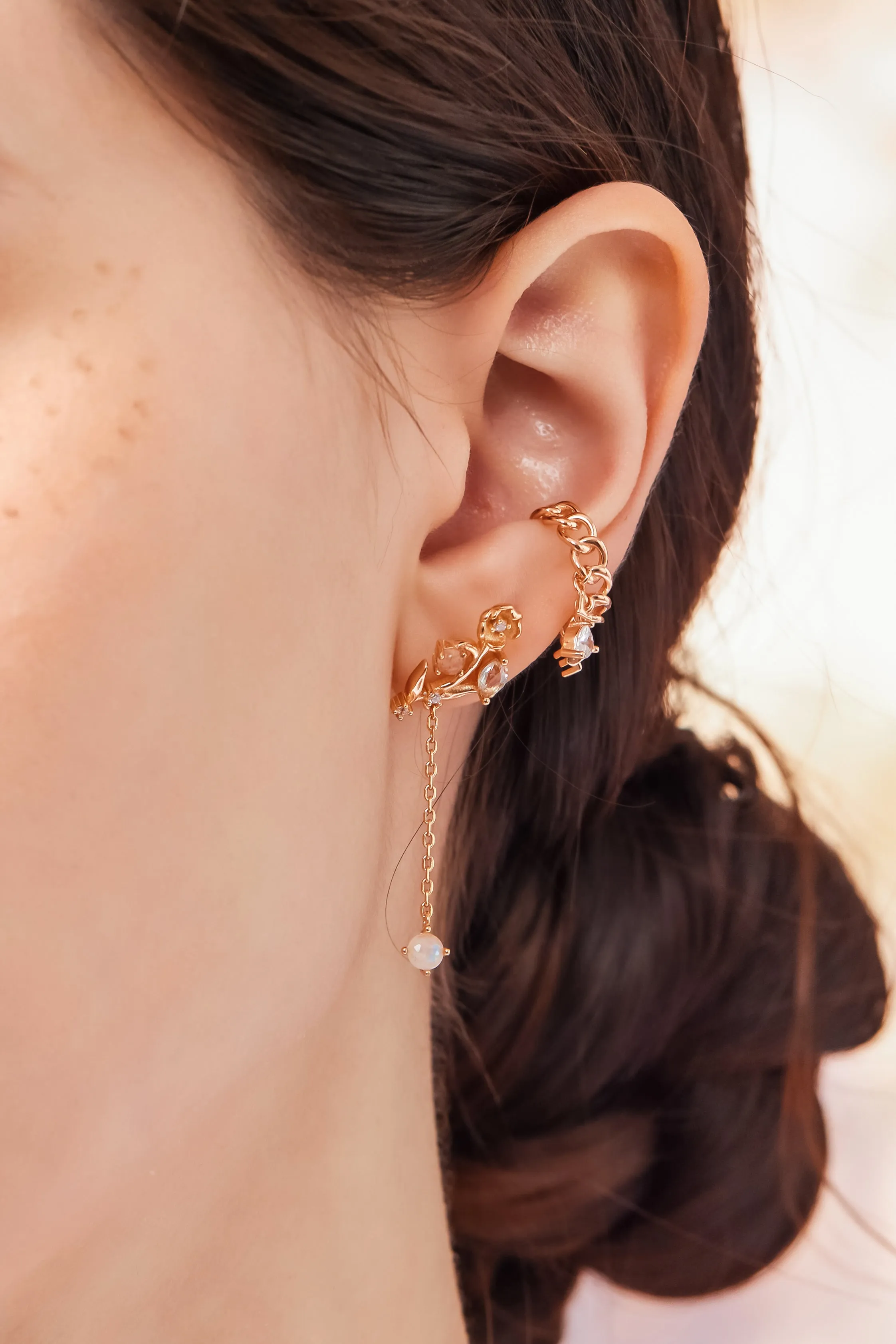 (Coming on 1/5) Moonstone, Sunstone, Blue Topaz Gold Asymmetrical Earrings - Lily of the Valley