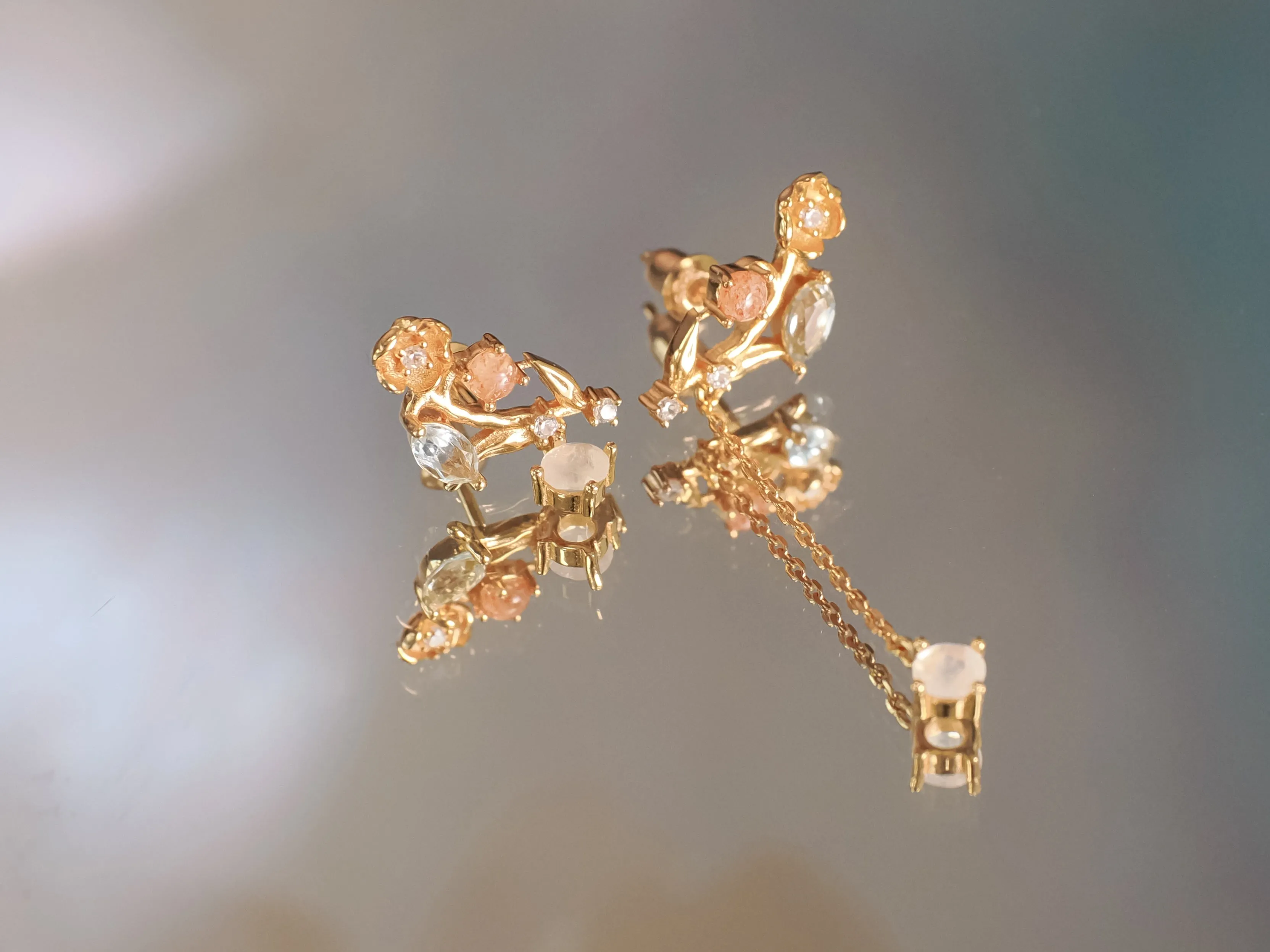 (Coming on 1/5) Moonstone, Sunstone, Blue Topaz Gold Asymmetrical Earrings - Lily of the Valley