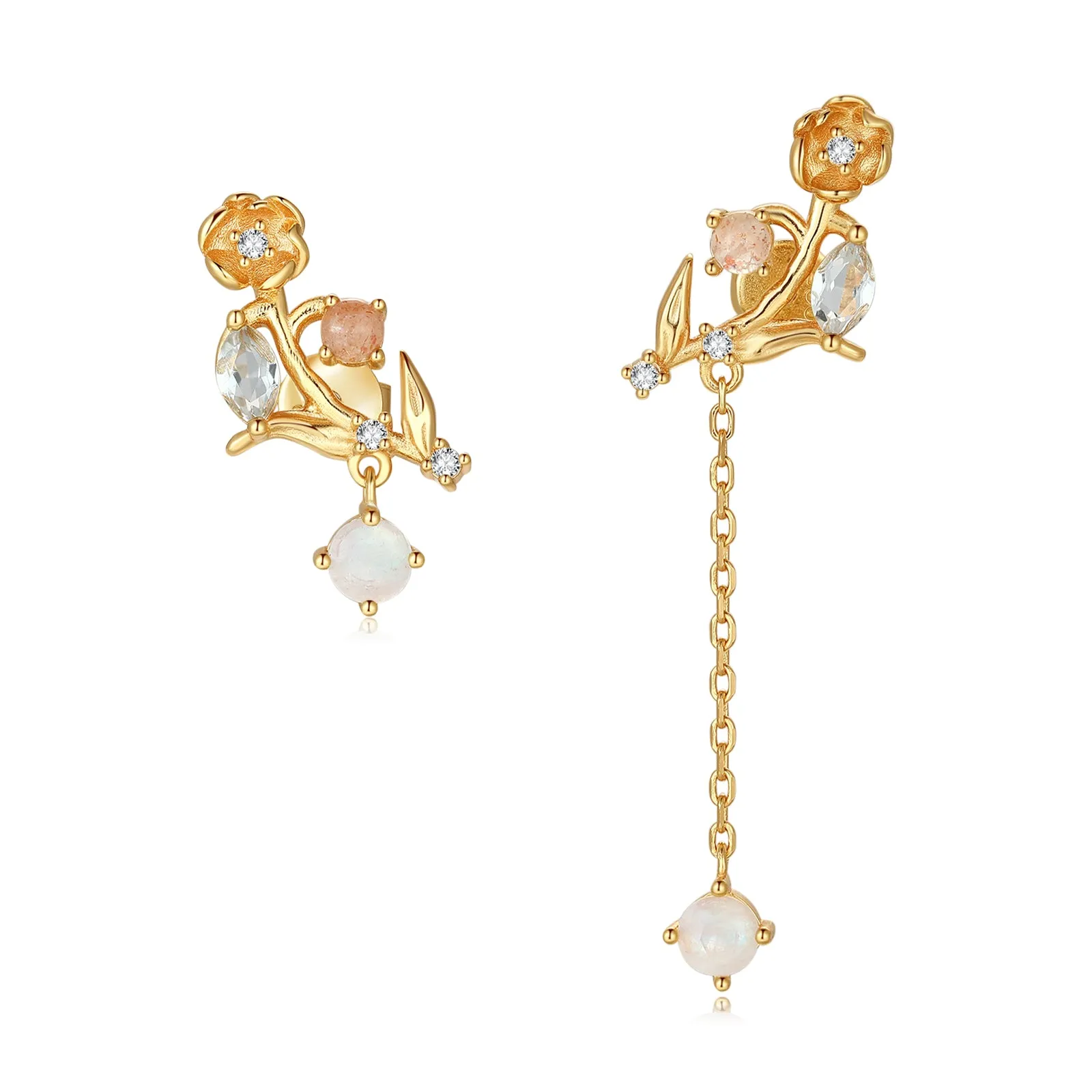 (Coming on 1/5) Moonstone, Sunstone, Blue Topaz Gold Asymmetrical Earrings - Lily of the Valley