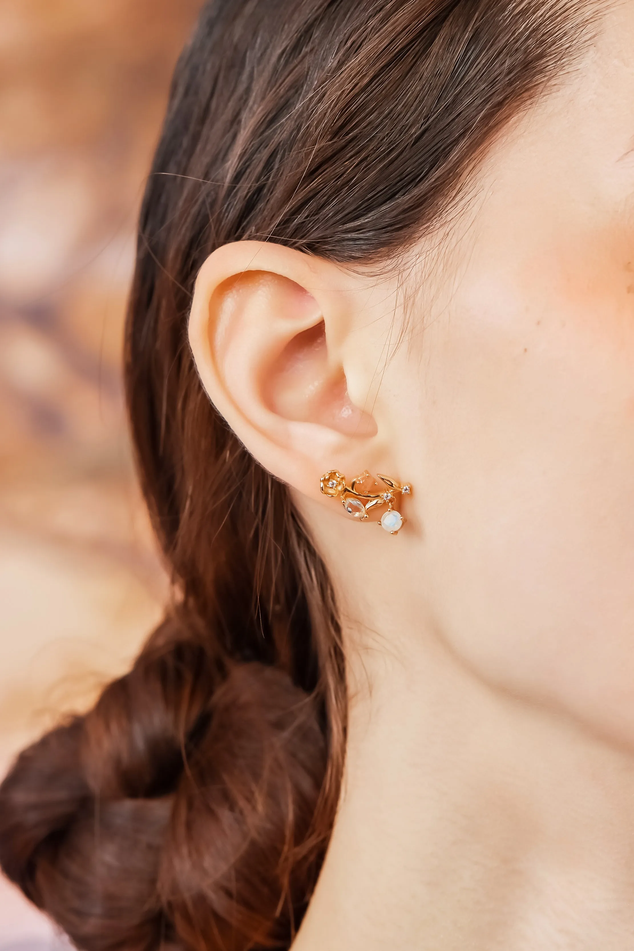 (Coming on 1/5) Moonstone, Sunstone, Blue Topaz Gold Asymmetrical Earrings - Lily of the Valley