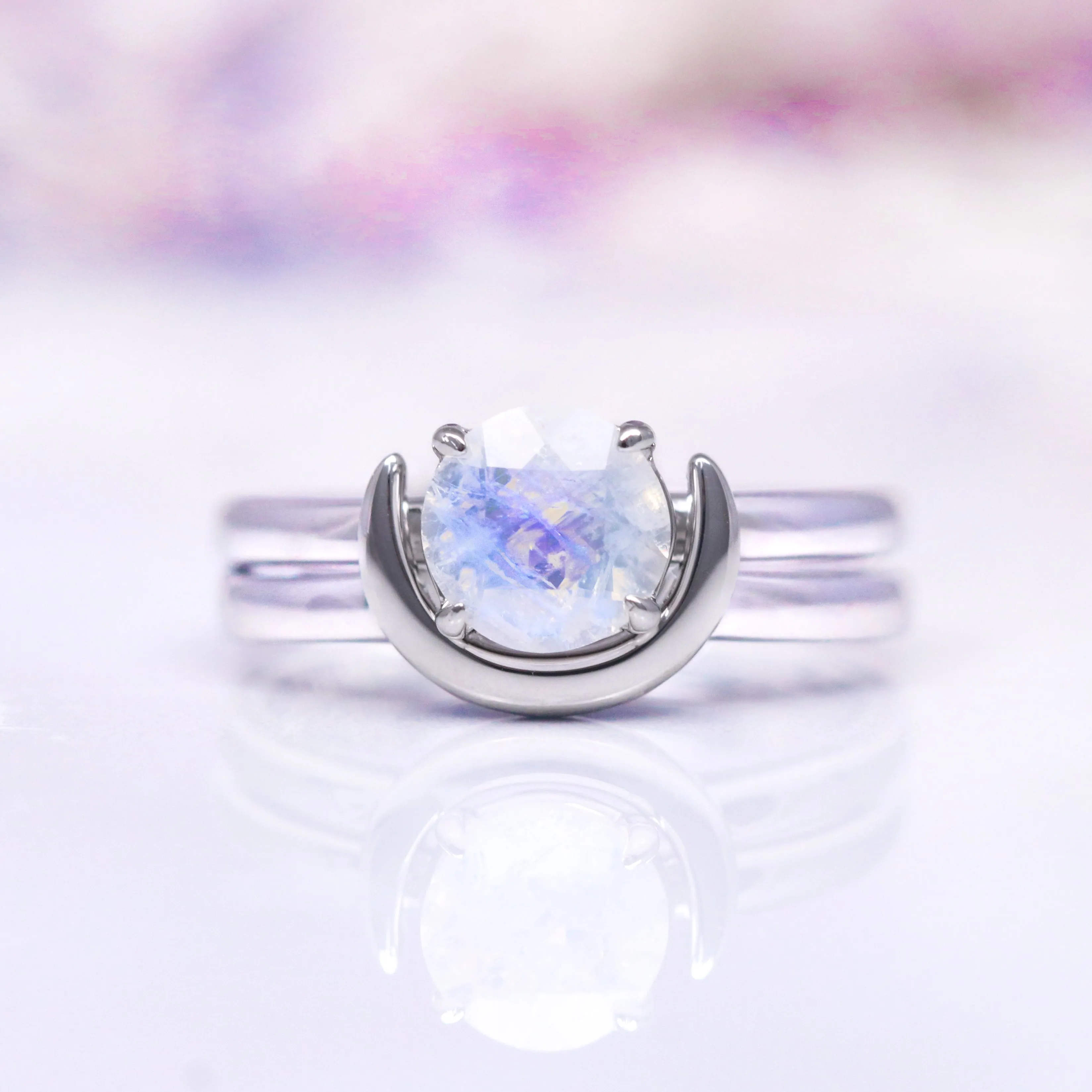 Crescent Moon Moonstone Couples Ring Set