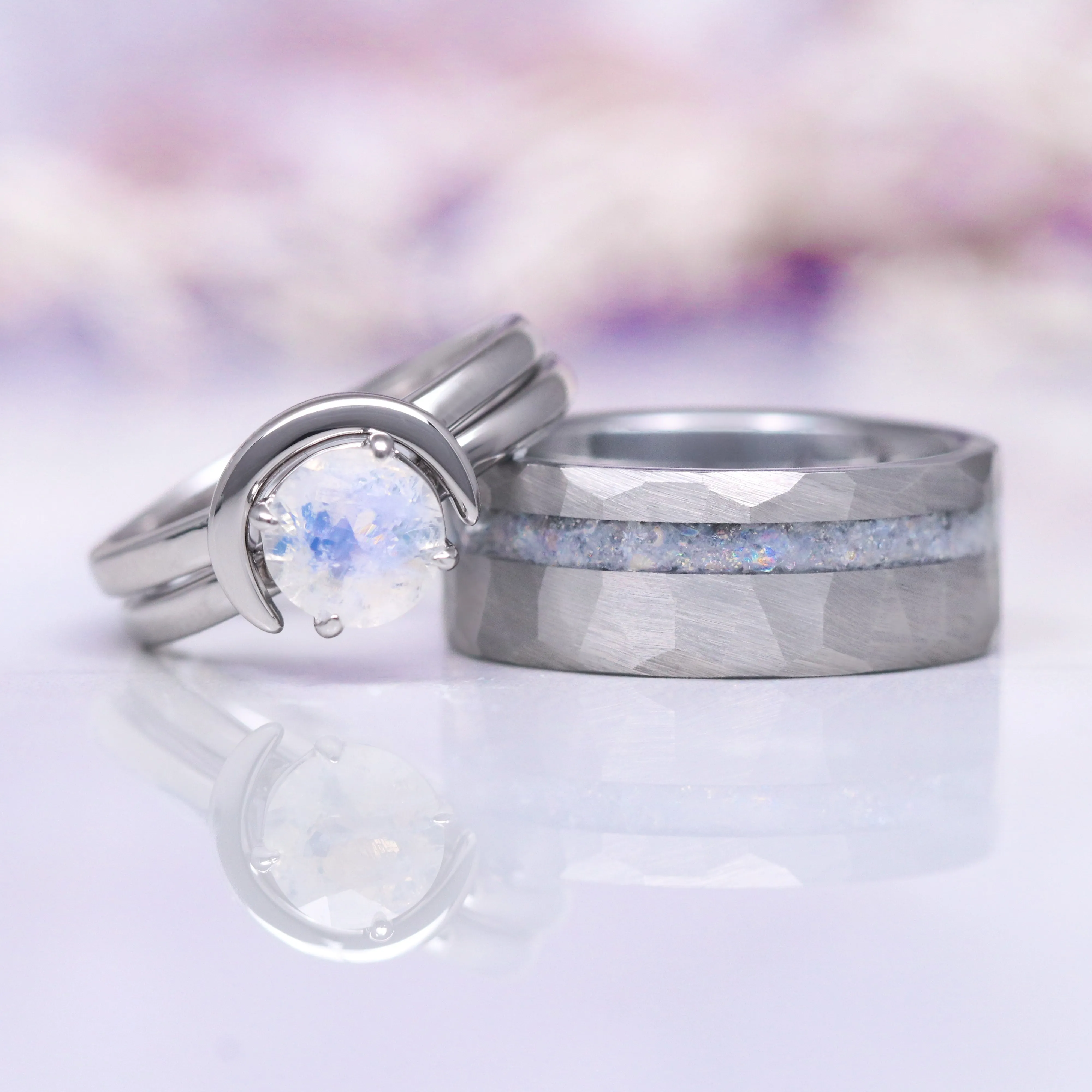 Crescent Moon Moonstone Couples Ring Set