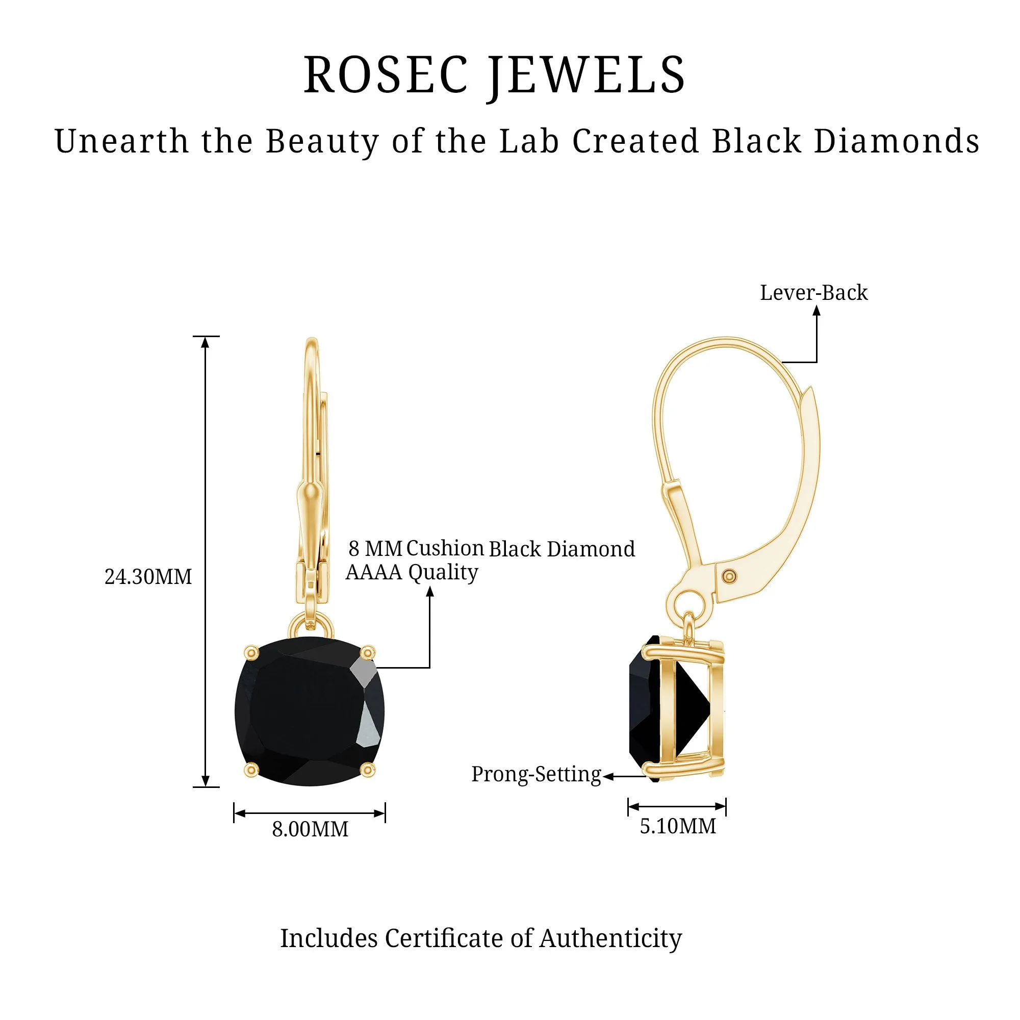 Cushion Cut Created Black Diamond Solitaire Drop Earrings with Lever Back