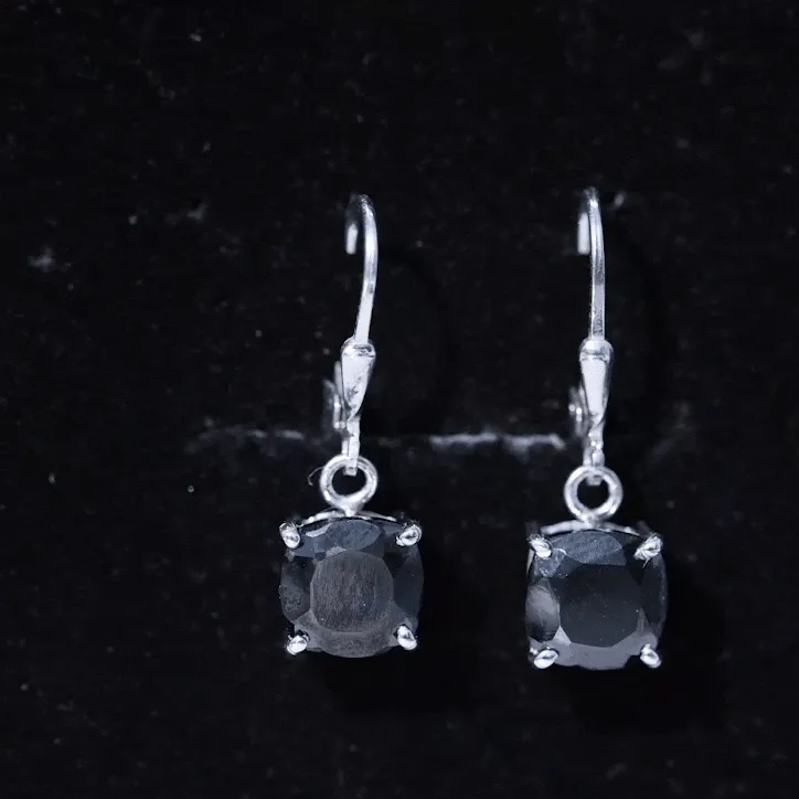 Cushion Cut Created Black Diamond Solitaire Drop Earrings with Lever Back