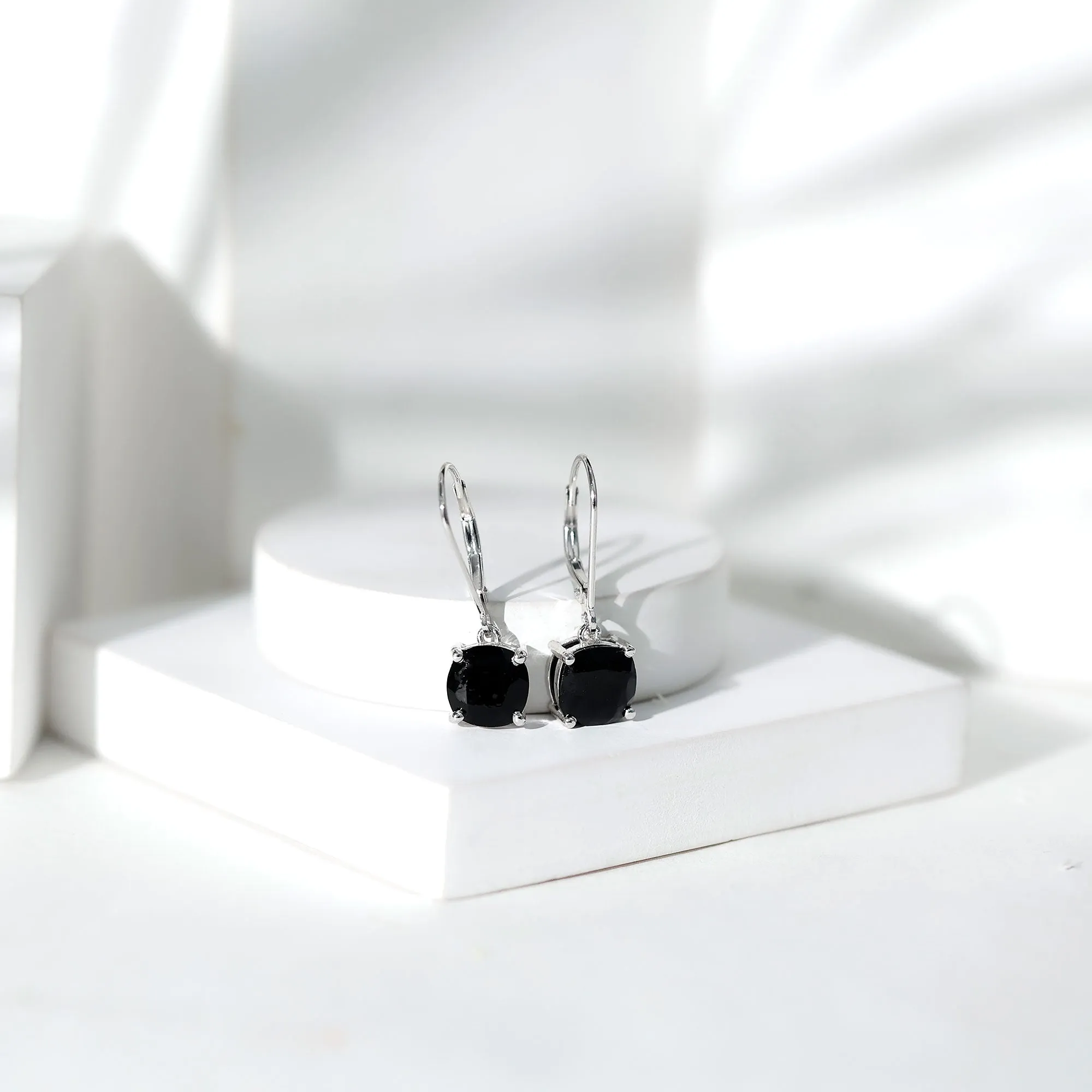 Cushion Cut Created Black Diamond Solitaire Drop Earrings with Lever Back