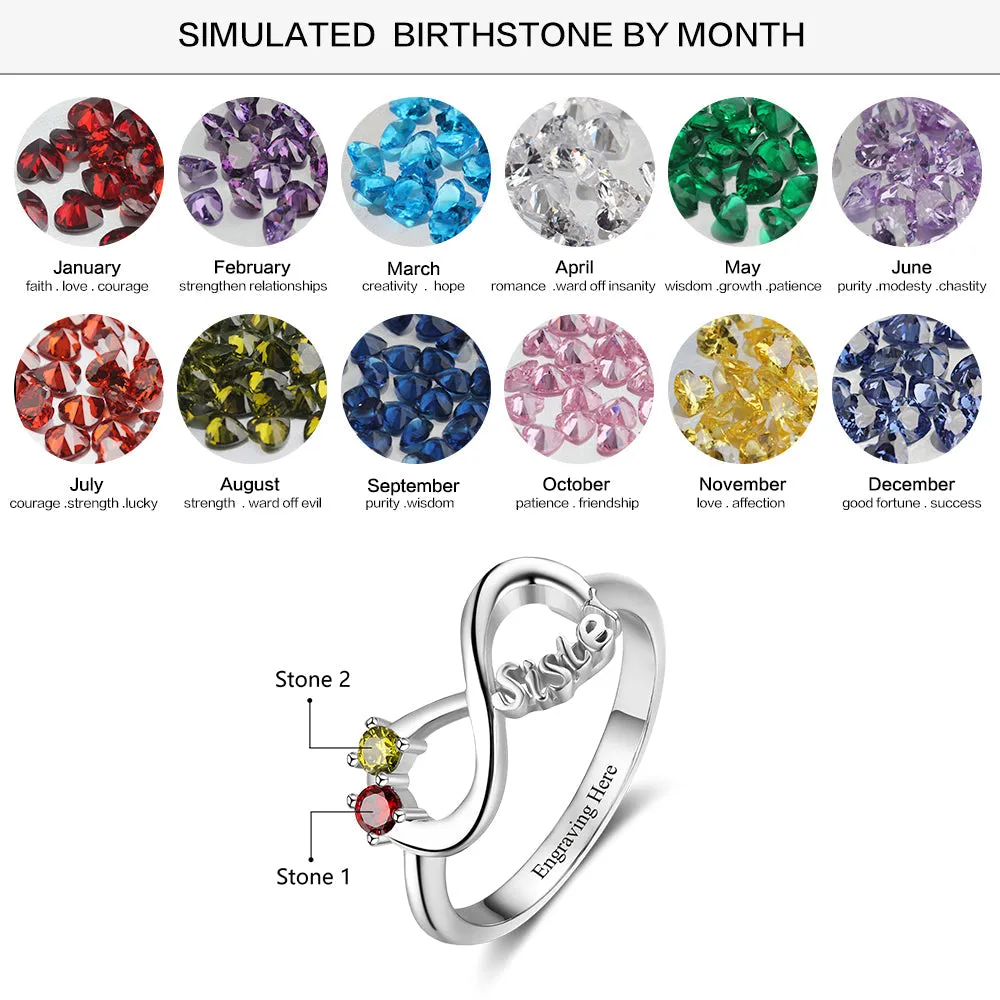 Custom 2 Stone Infinity Sisters Ring - Dual Birthstone Sisters Ring With Engraving