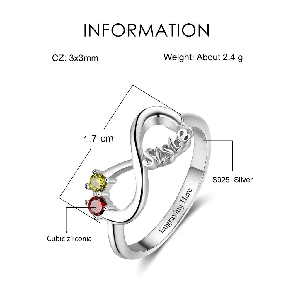 Custom 2 Stone Infinity Sisters Ring - Dual Birthstone Sisters Ring With Engraving