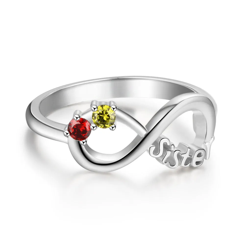 Custom 2 Stone Infinity Sisters Ring - Dual Birthstone Sisters Ring With Engraving