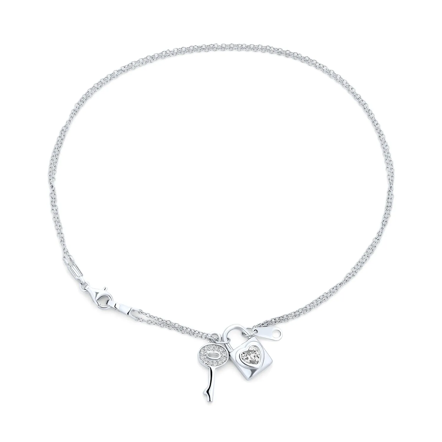 CZ Heart Charm Lock & Key Anklet Ankle Bracelet Sterling Silver 9-10"