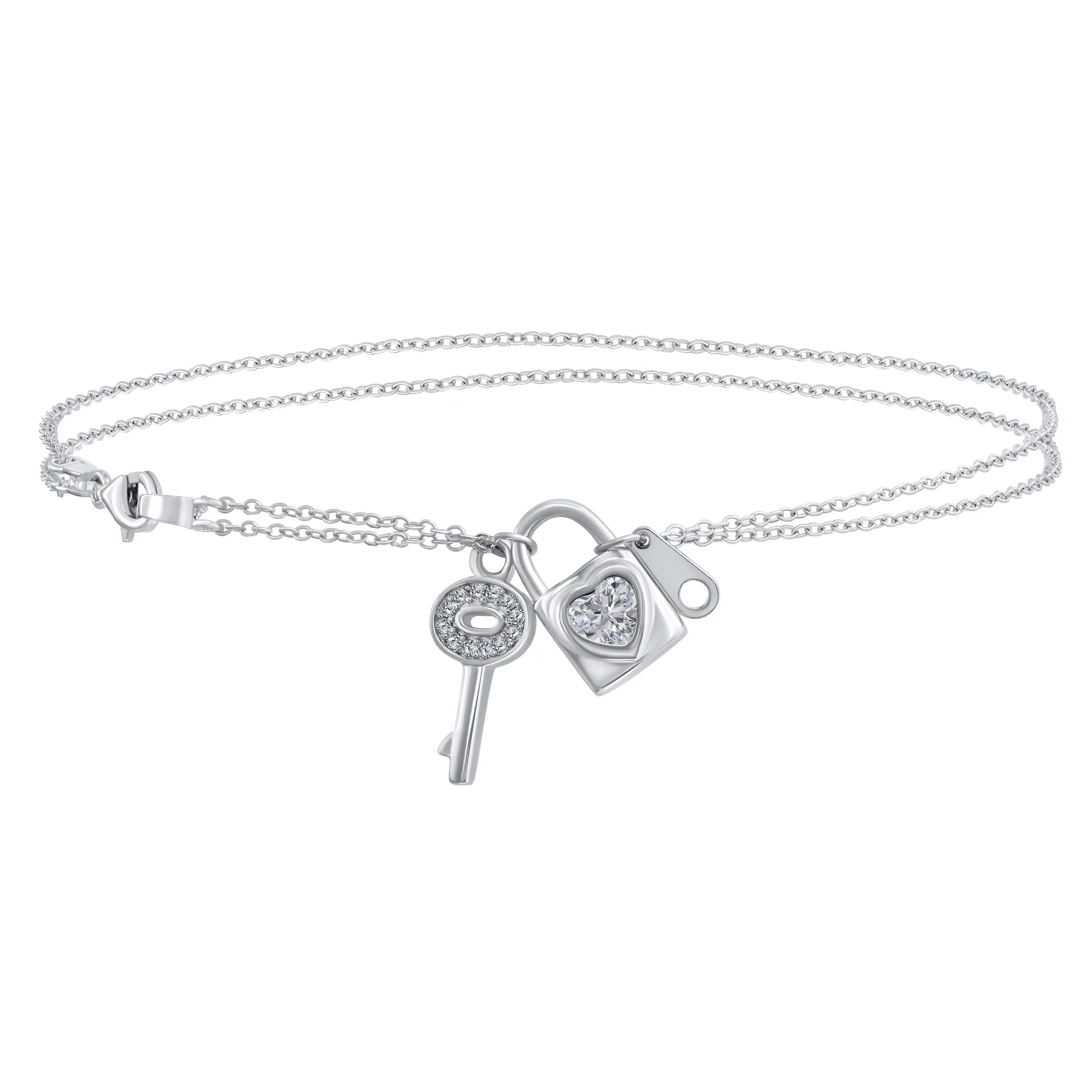 CZ Heart Charm Lock & Key Anklet Ankle Bracelet Sterling Silver 9-10"