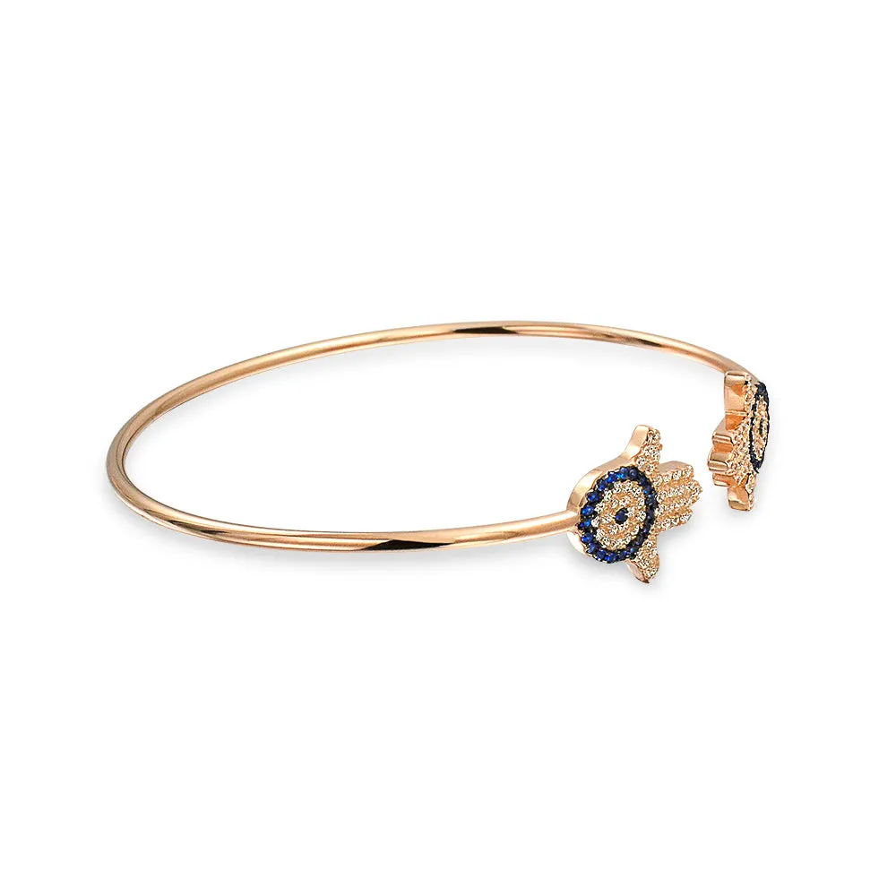 CZ Pave Hamsa Hand Evil Eye Bangle Bracelet, Rose Gold Plated Sterling Silver