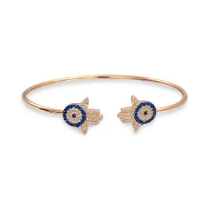 CZ Pave Hamsa Hand Evil Eye Bangle Bracelet, Rose Gold Plated Sterling Silver