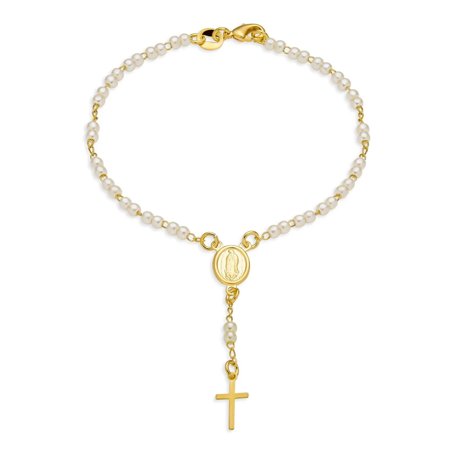 Dainty White Pearl Rosary-Bead Bracelet with Cross 18K Gold Plated 7.5 Inch