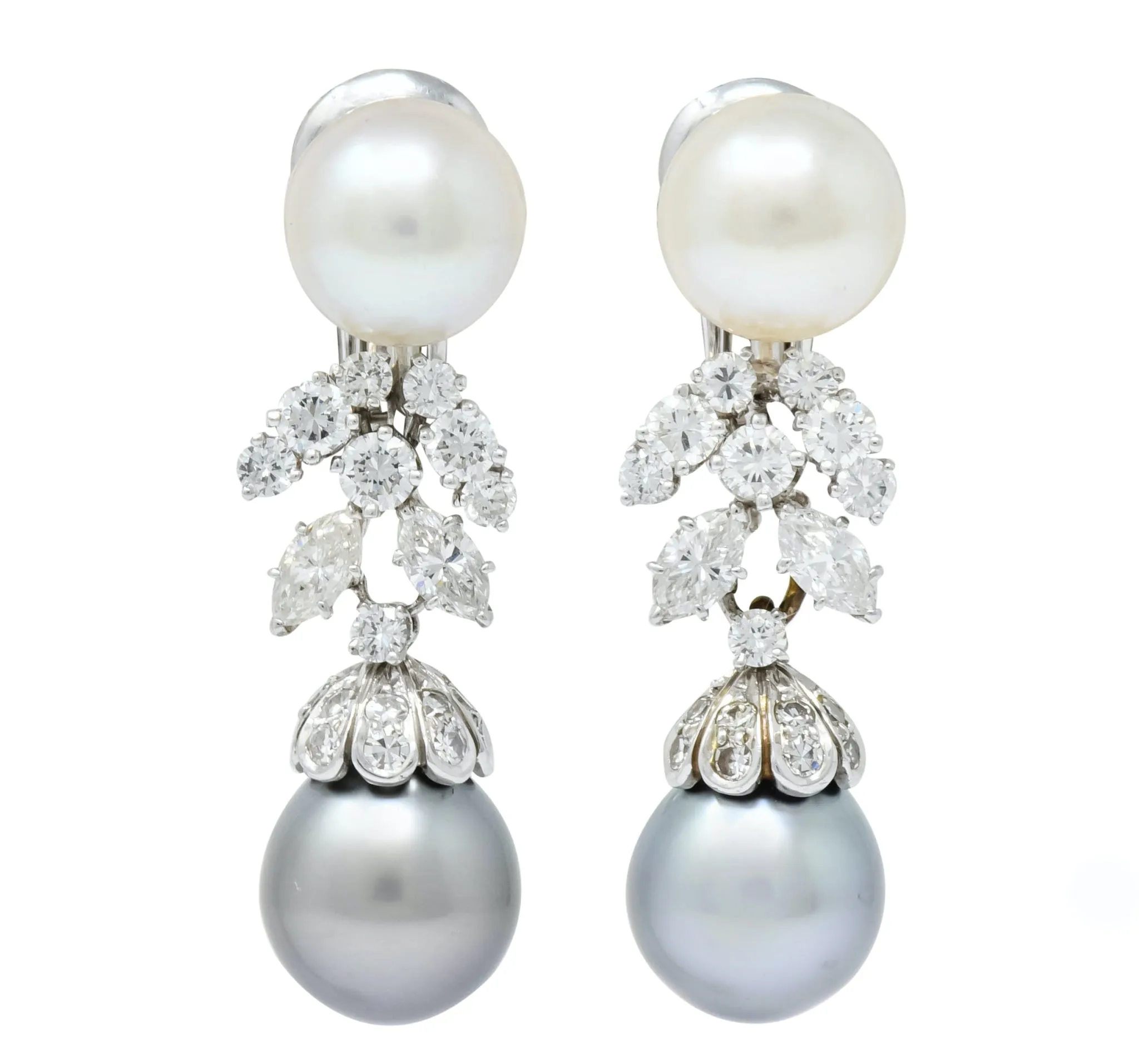 David Webb 2.40 CTW Diamond Cultured Pearl Drop Ear-Clip Earrings