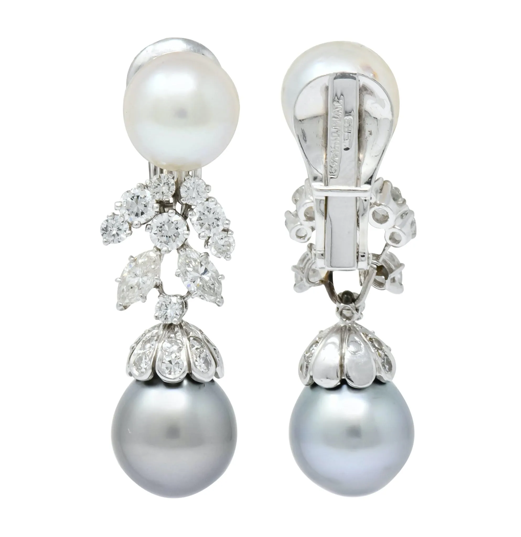 David Webb 2.40 CTW Diamond Cultured Pearl Drop Ear-Clip Earrings