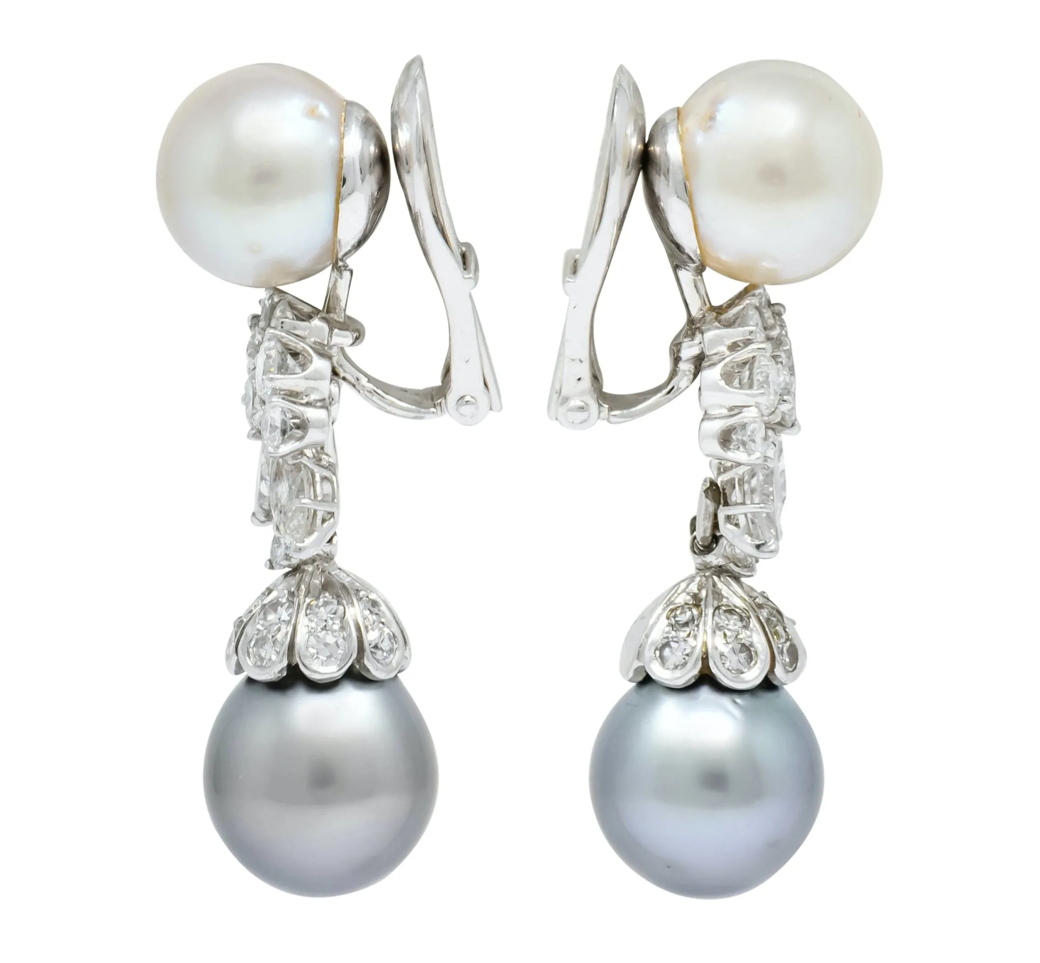 David Webb 2.40 CTW Diamond Cultured Pearl Drop Ear-Clip Earrings