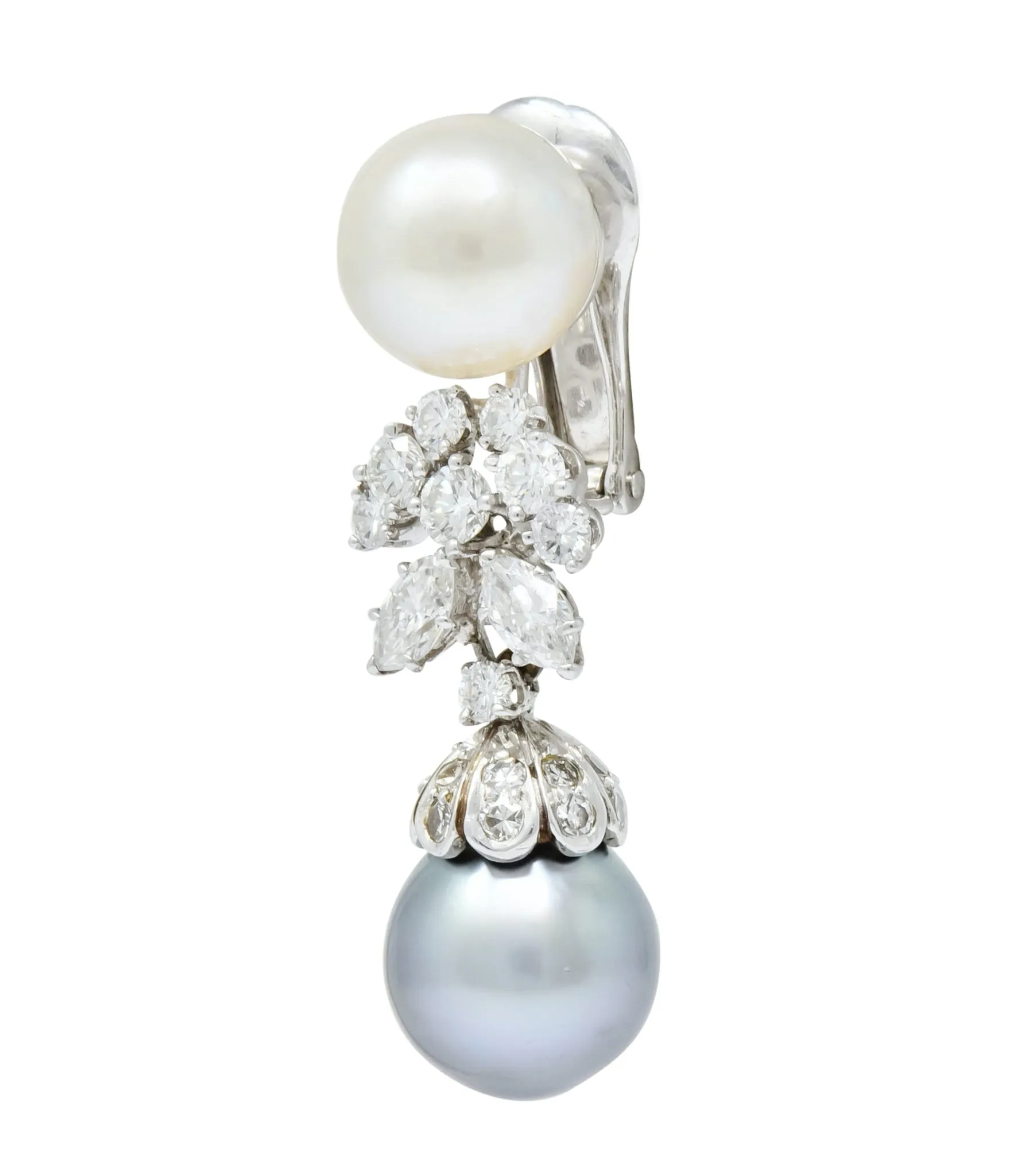 David Webb 2.40 CTW Diamond Cultured Pearl Drop Ear-Clip Earrings