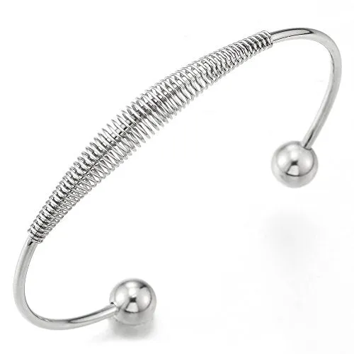 Elastic Adjustable Stainless Steel Cuff Bangle Bracelet for Women with Balls and Cable