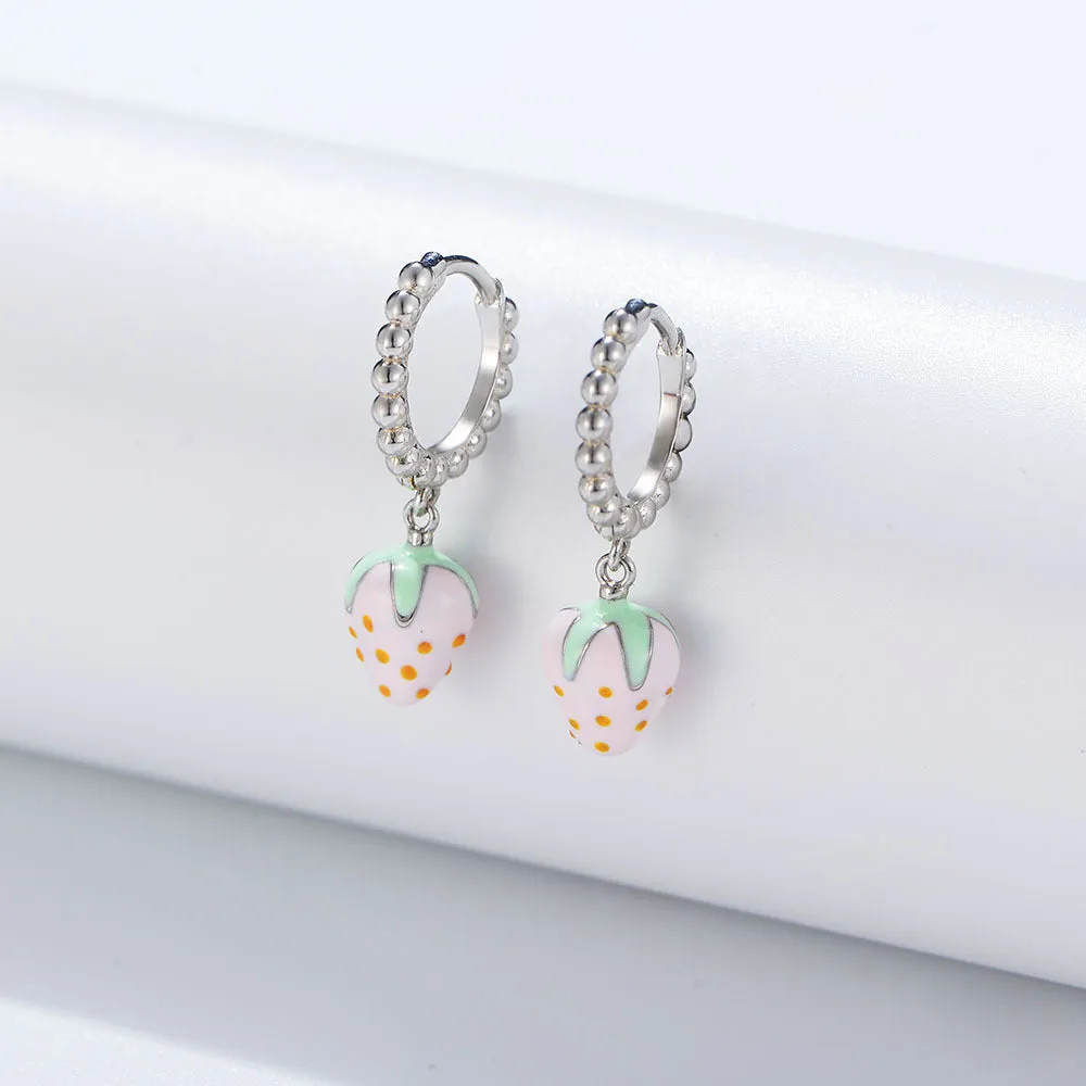 Enamel Pink Strawberry Silver Drop Earrings for Women