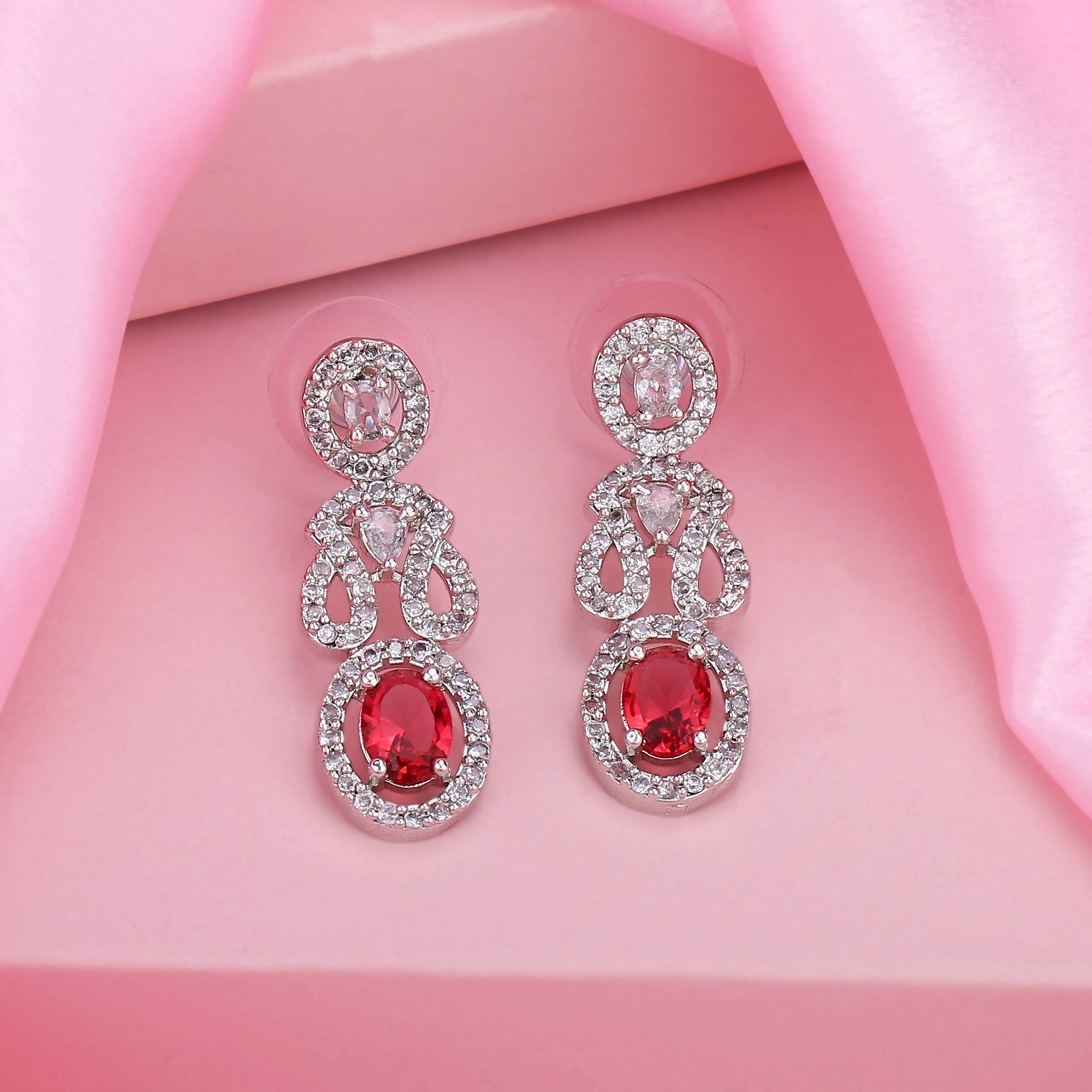 Estele Rhodium Plated CZ Graceful Earrings with Ruby Crytsals for Women