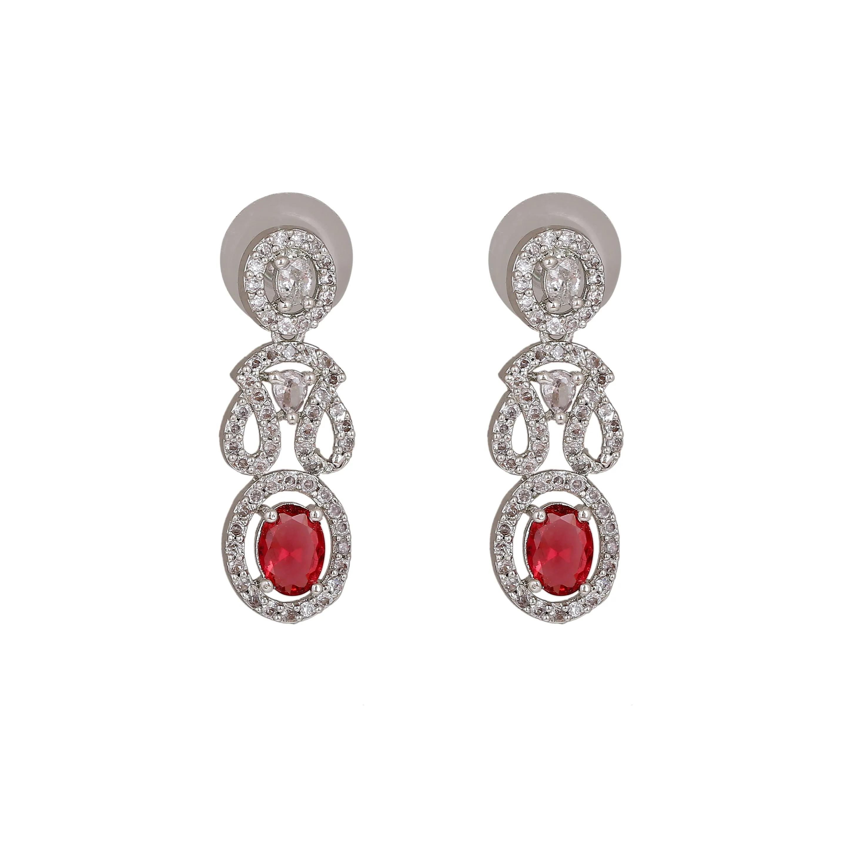 Estele Rhodium Plated CZ Graceful Earrings with Ruby Crytsals for Women