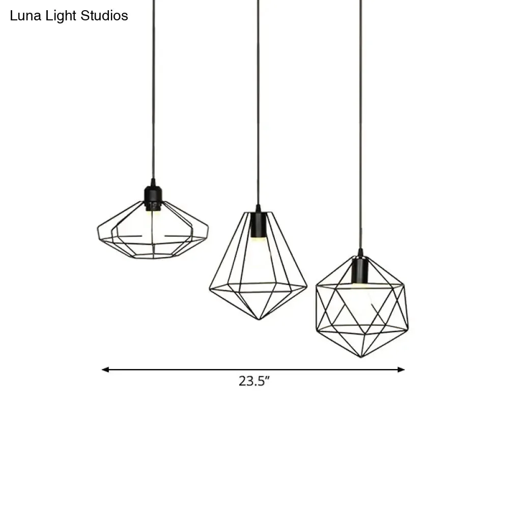 Farmhouse 3-Light Iron Pendant Ceiling Fixture with Black Wire Cage and Unique Shades