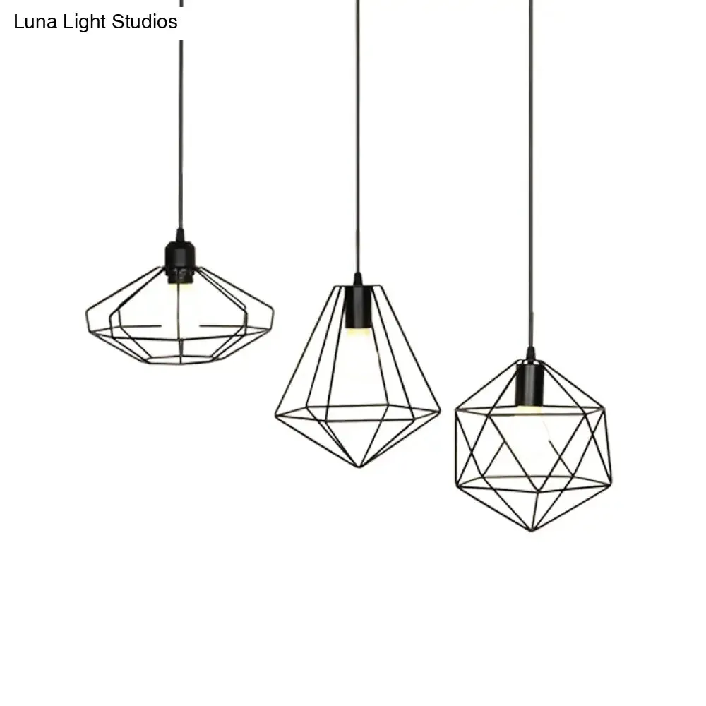 Farmhouse 3-Light Iron Pendant Ceiling Fixture with Black Wire Cage and Unique Shades