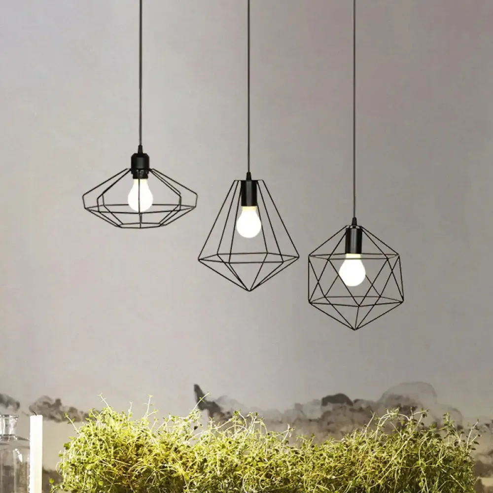 Farmhouse 3-Light Iron Pendant Ceiling Fixture with Black Wire Cage and Unique Shades