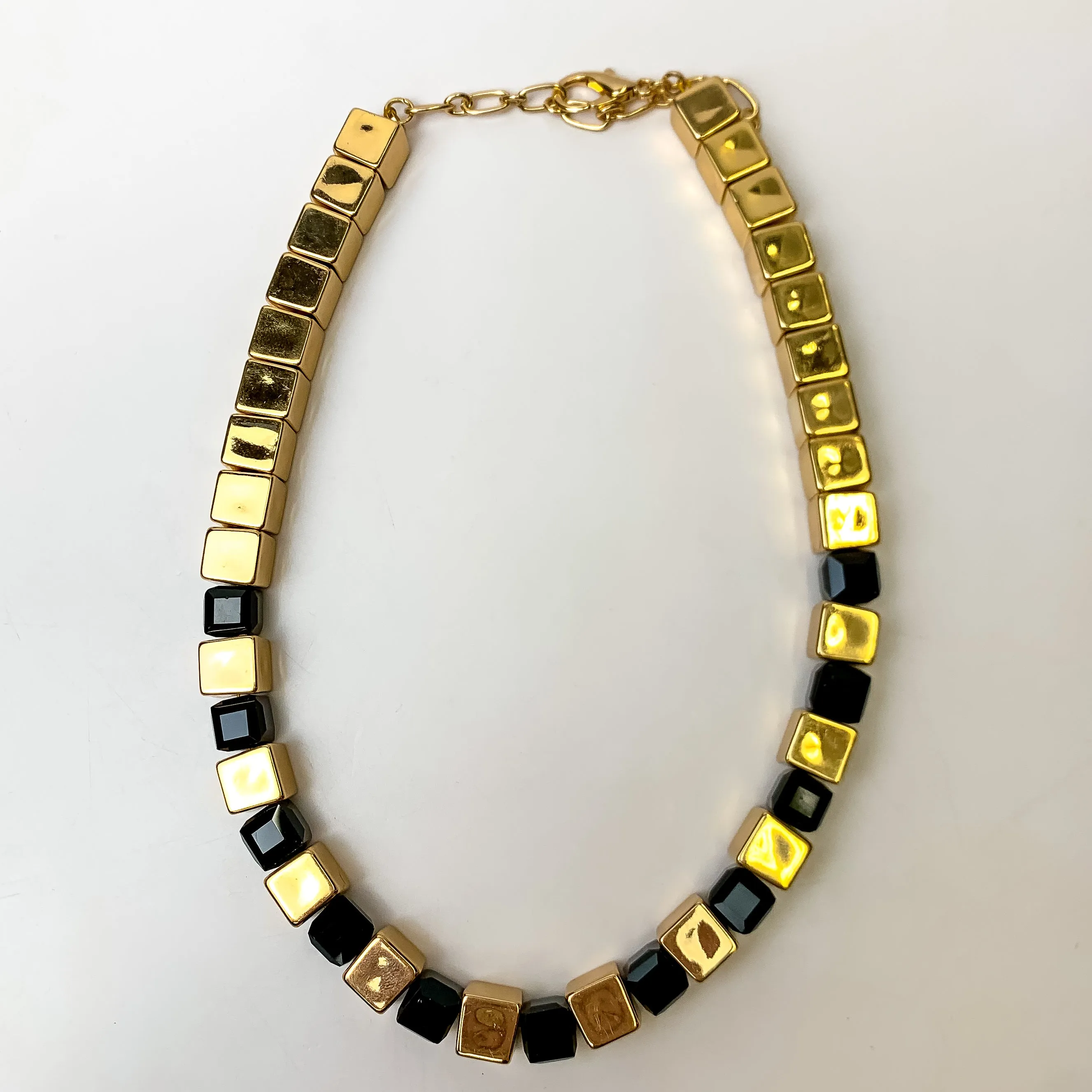 Fashionably Late Gold Tone Cubed Necklace in Black