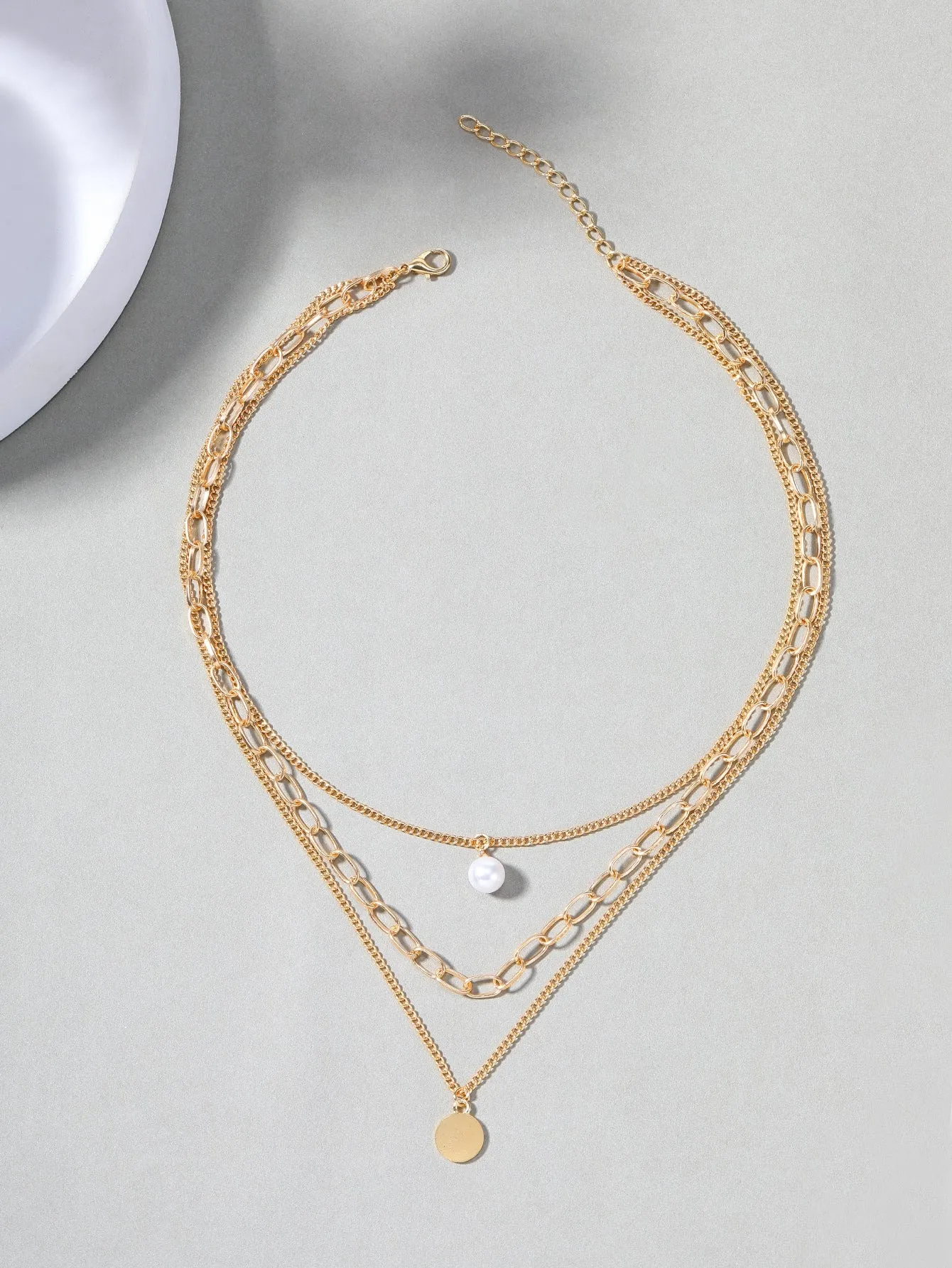 Faux Pearl & Disc Pendant Layered Necklace for Women Girls Accessories Jewelry