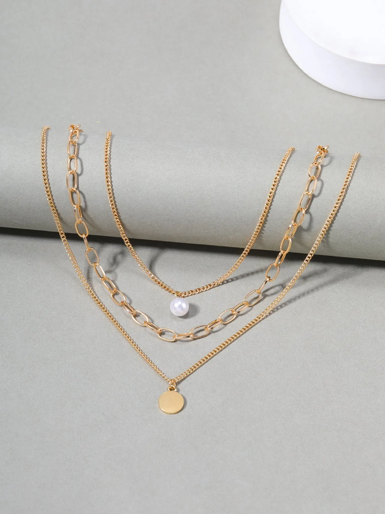 Faux Pearl & Disc Pendant Layered Necklace for Women Girls Accessories Jewelry