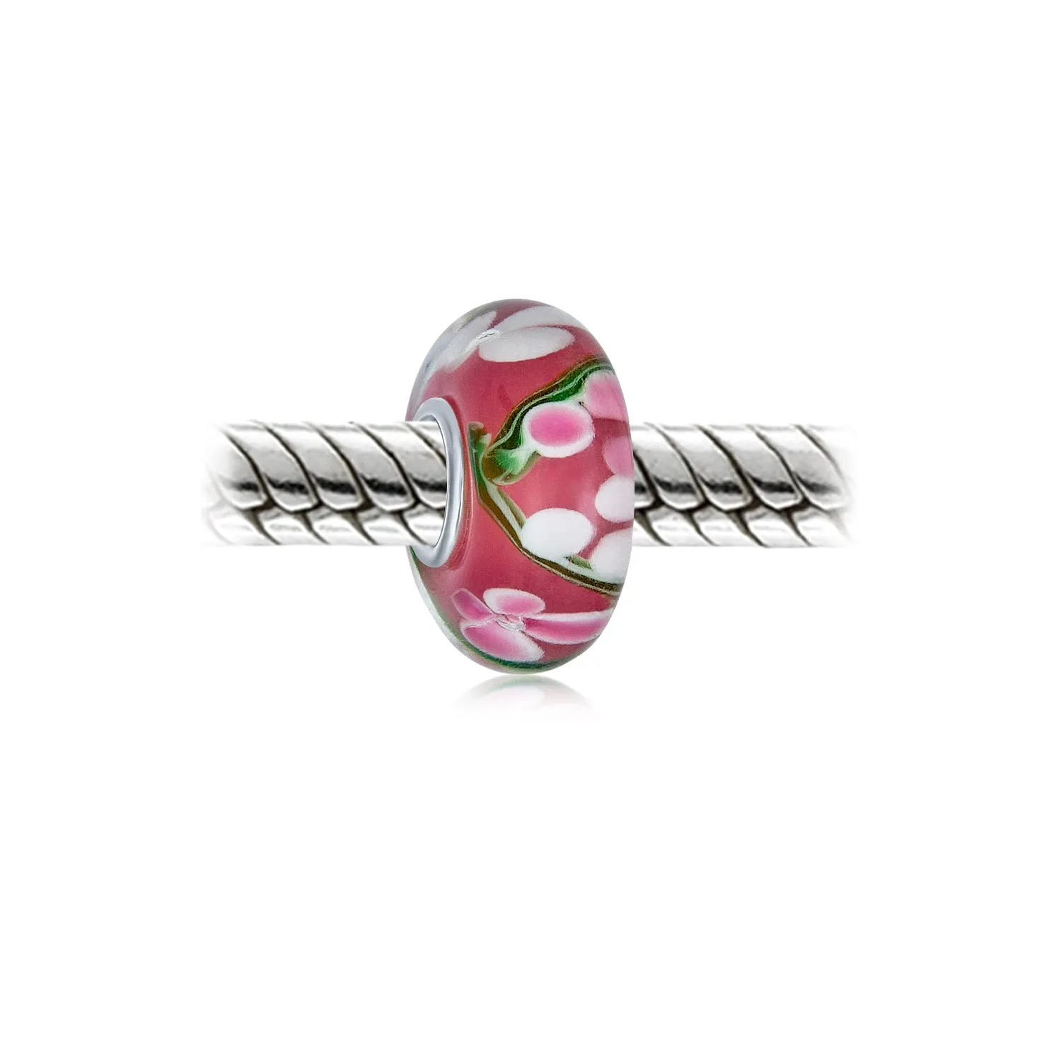 Floral Hibiscus Glass Charm Bead for European Bracelet with Silver Core