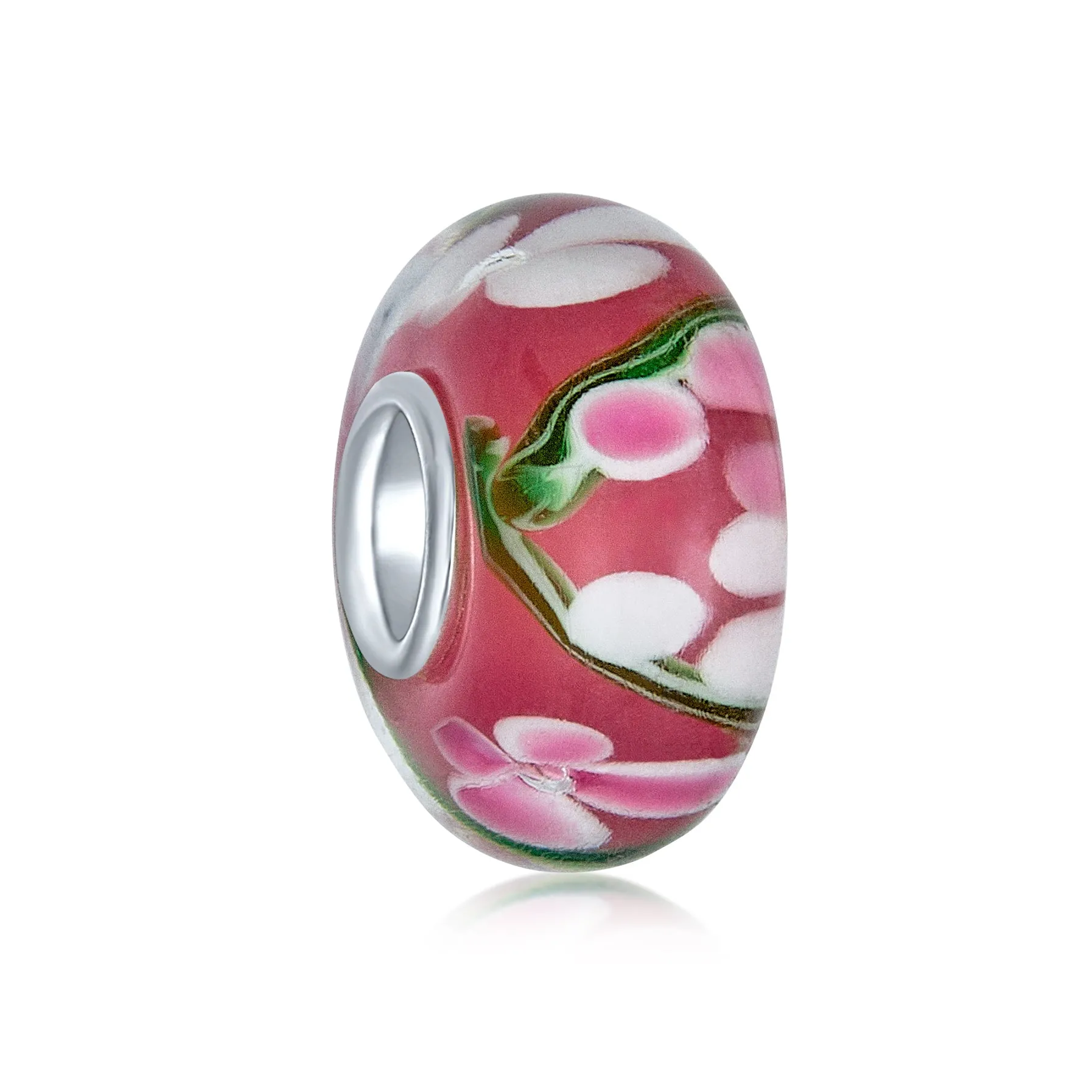 Floral Hibiscus Glass Charm Bead for European Bracelet with Silver Core