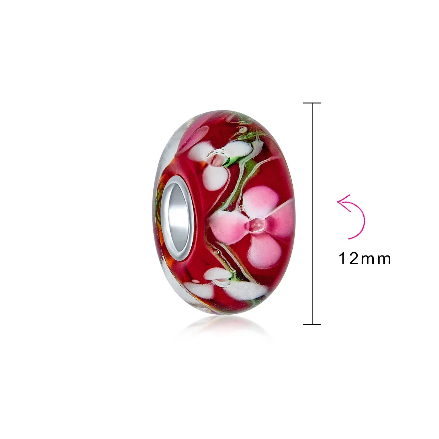 Floral Hibiscus Glass Charm Bead for European Bracelet with Silver Core