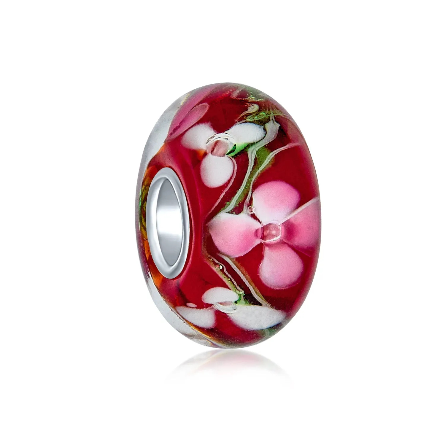 Floral Hibiscus Glass Charm Bead for European Bracelet with Silver Core