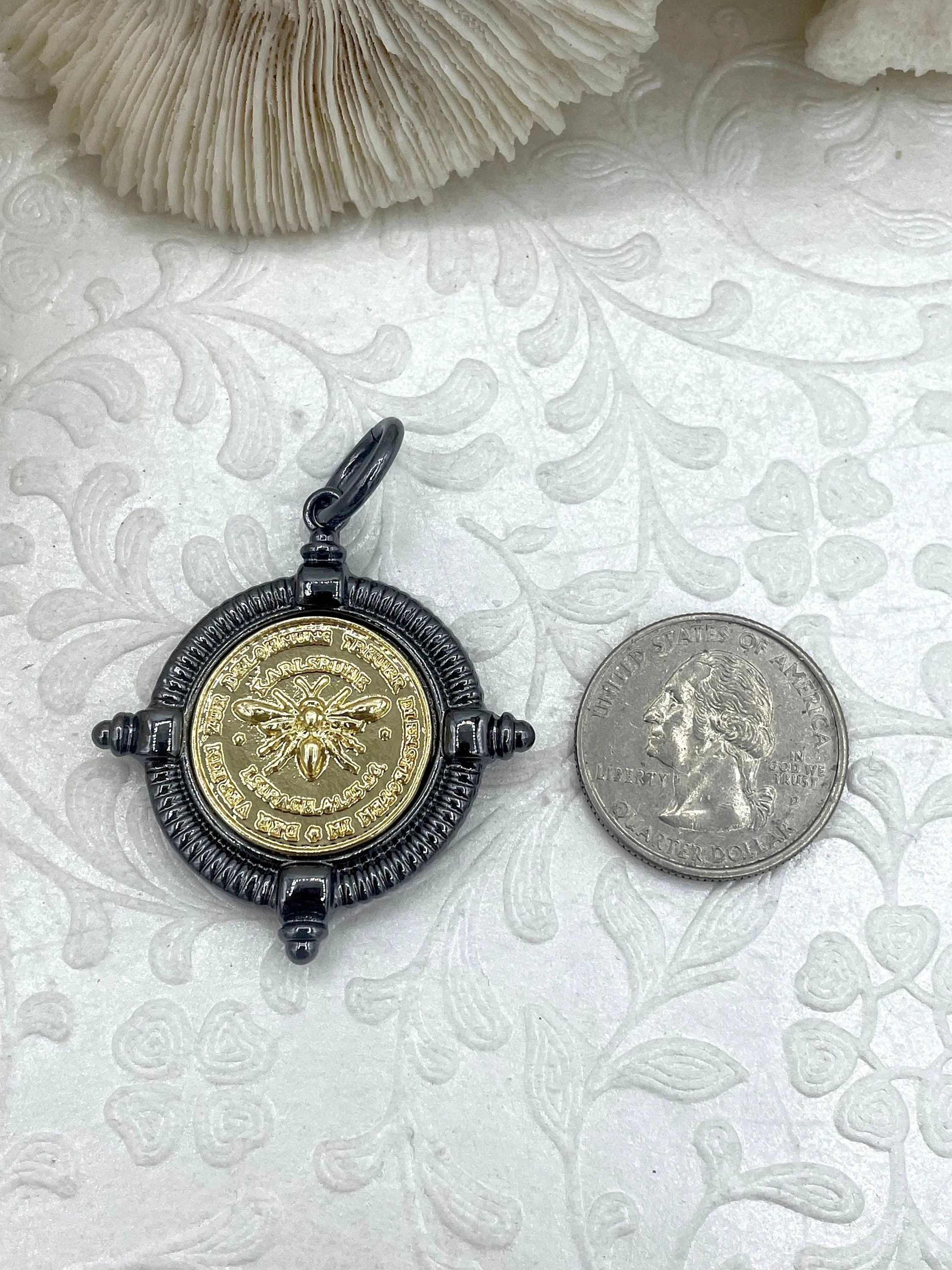 French Bee Replica Coin, Reproduction Bee Coin, Bee Pendant, Bee Necklace, Gold Coin, Bee Jewelry, Coin Jewelry three bezel colors Fast Ship