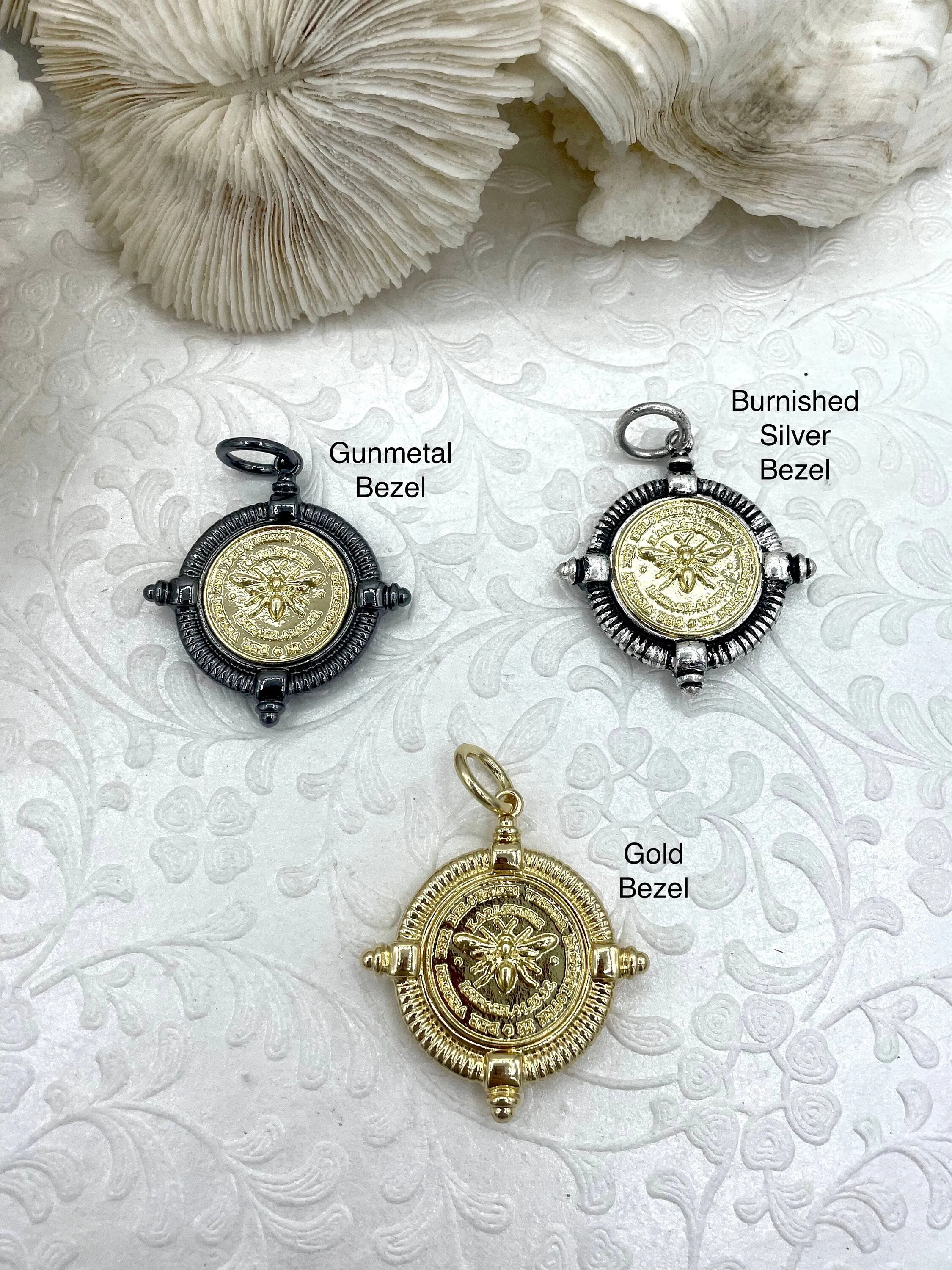 French Bee Replica Coin, Reproduction Bee Coin, Bee Pendant, Bee Necklace, Gold Coin, Bee Jewelry, Coin Jewelry three bezel colors Fast Ship