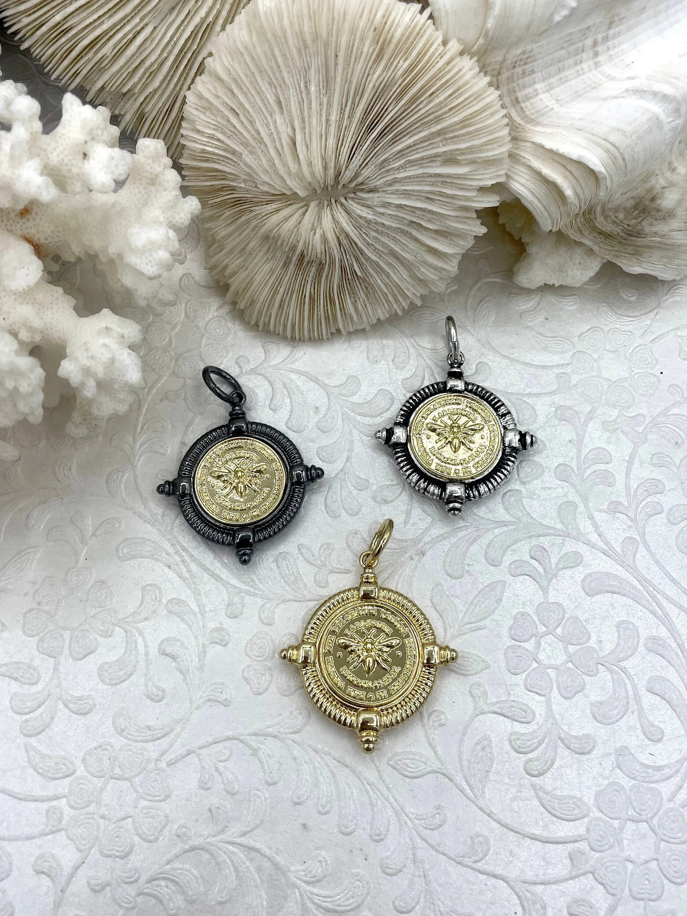 French Bee Replica Coin, Reproduction Bee Coin, Bee Pendant, Bee Necklace, Gold Coin, Bee Jewelry, Coin Jewelry three bezel colors Fast Ship