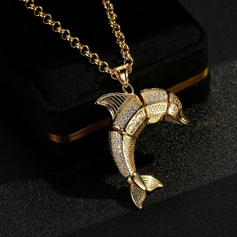 Gold Dolphin Pendant with Stones 22 Inch 5mm Belcher Chain