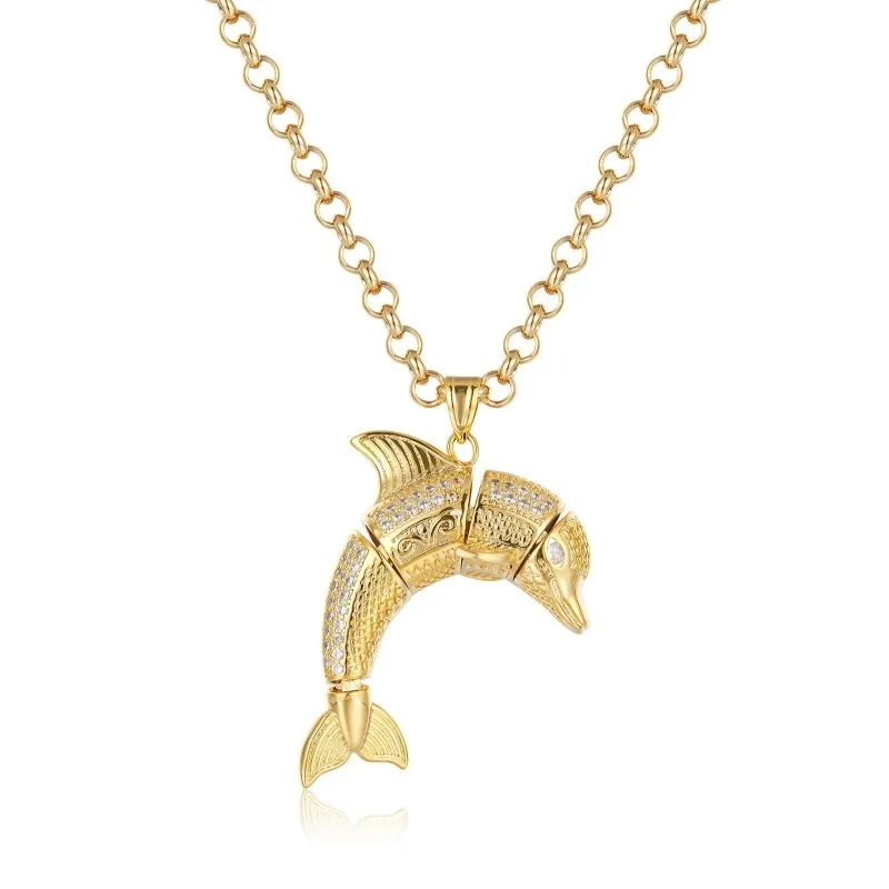 Gold Dolphin Pendant with Stones 22 Inch 5mm Belcher Chain