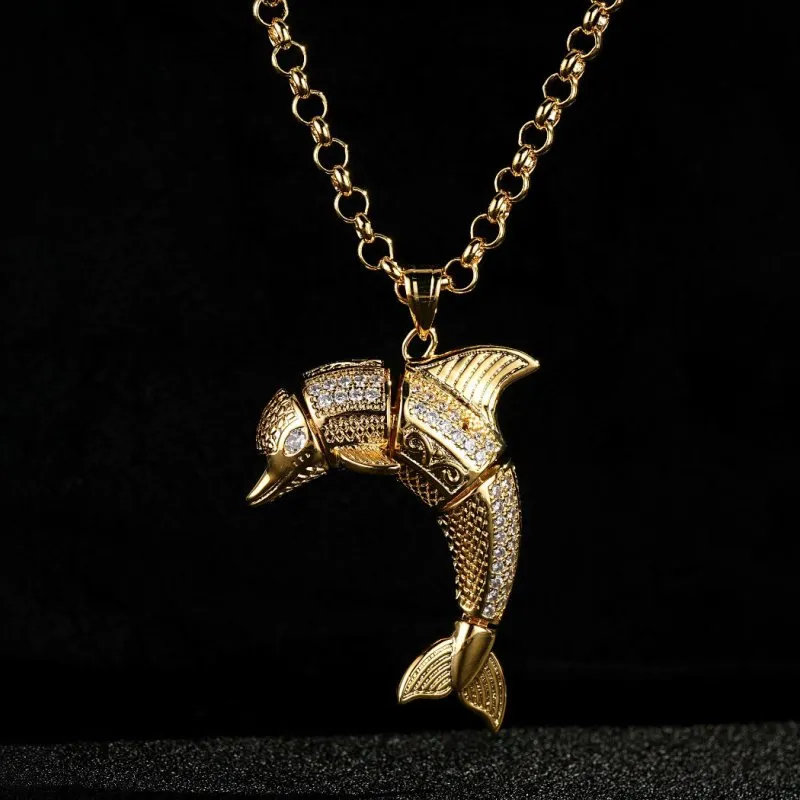 Gold Dolphin Pendant with Stones 22 Inch 5mm Belcher Chain