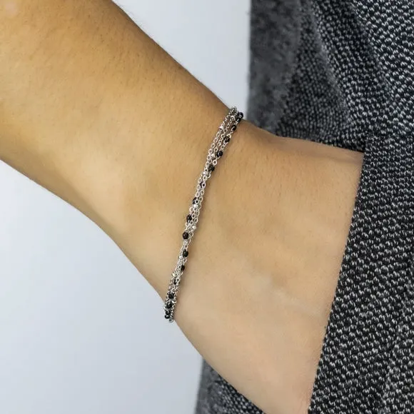 Gregio Simply Me/Tiny Shiny Double Chain Bracelet w/ Black Enamel Beads- Silver