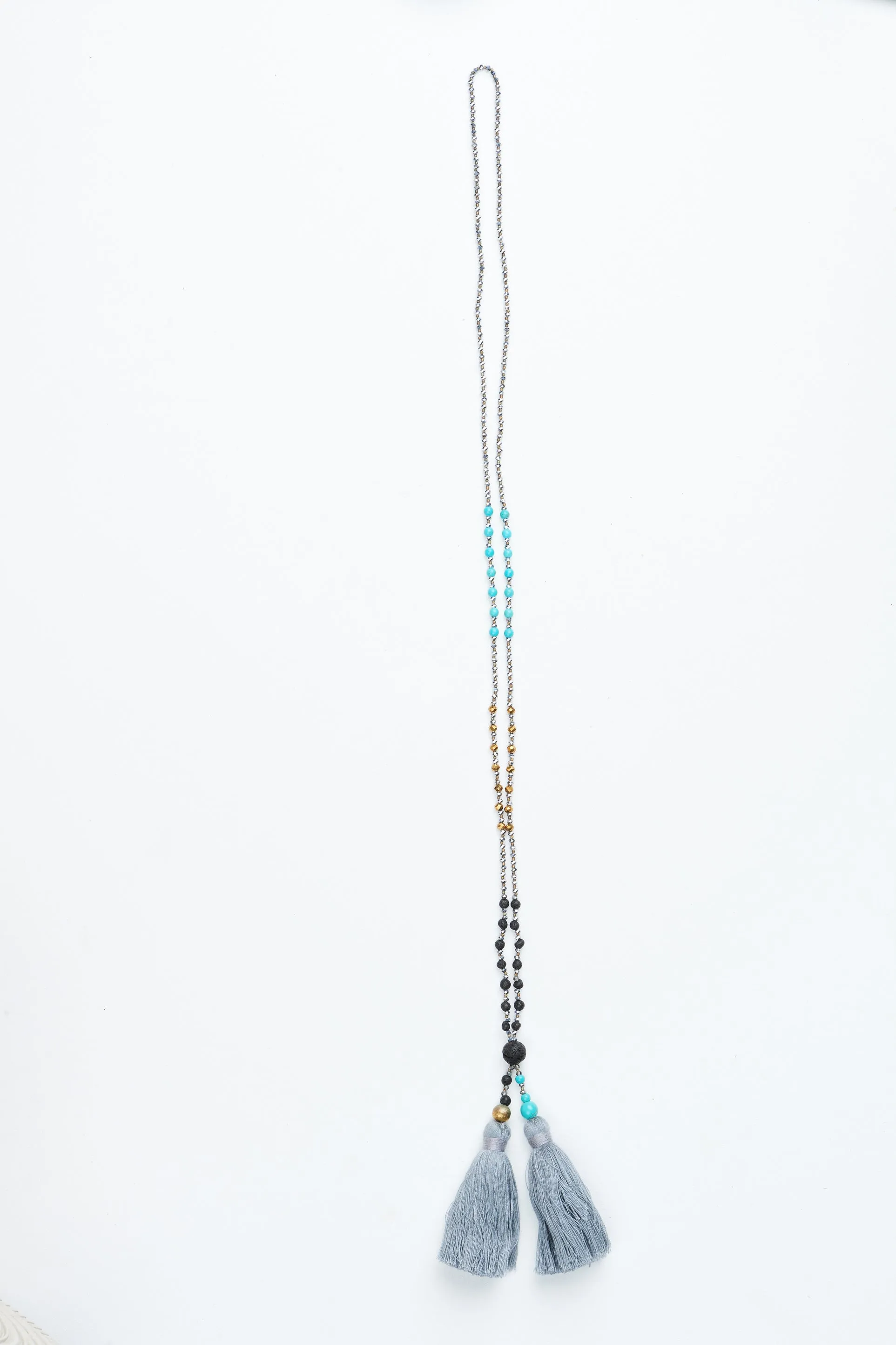 Grey Multi Beaded Double Tassel Necklace