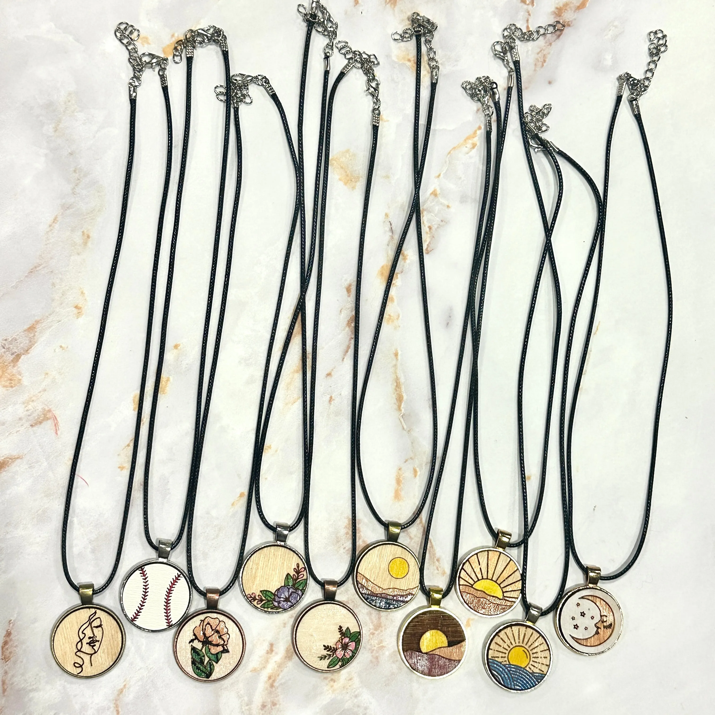 Hand-painted Round Pendant Cord Necklaces