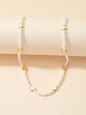 Heart & Faux Pearl Decor Necklace Jewelry for Women Gift for Her Necklace