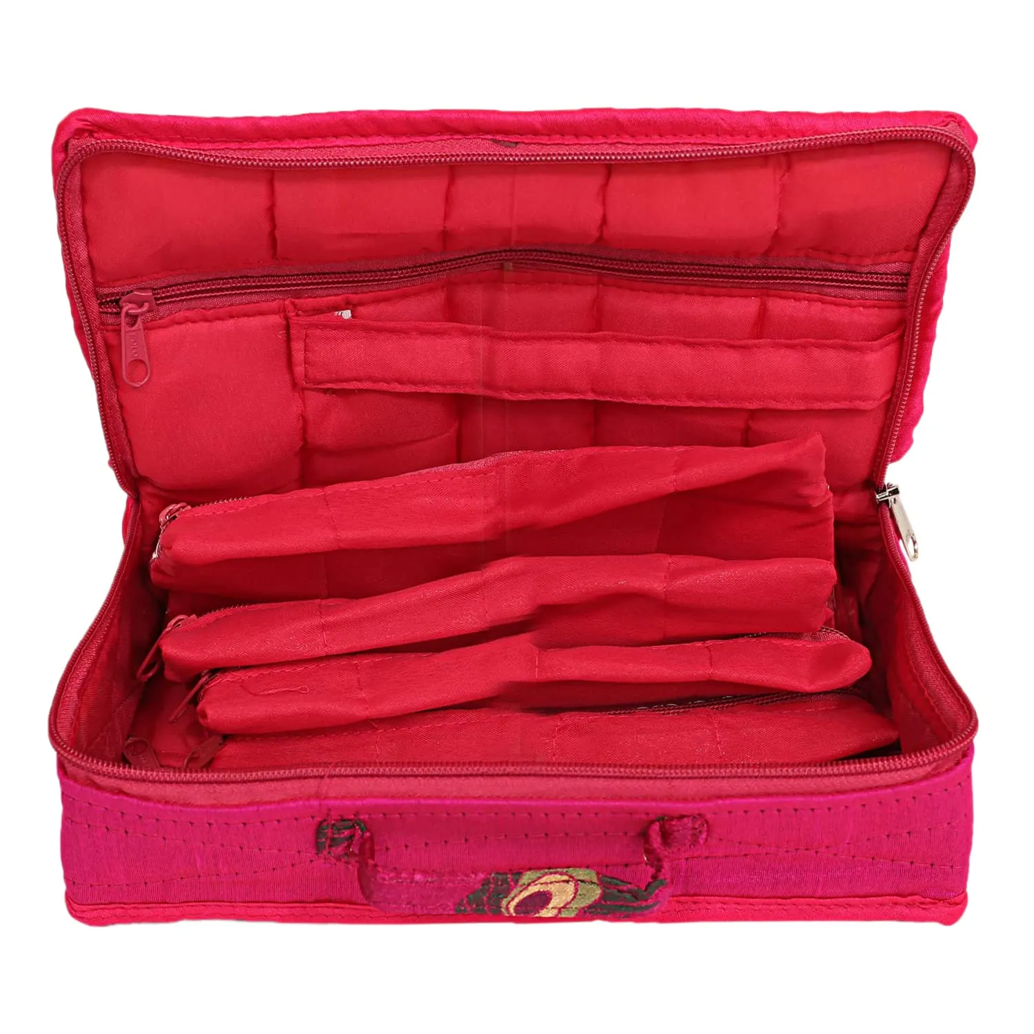 Heart Home Feather Print Satin Jewellery Organizer For Small Jewellery With 4 Pouches (Pink) 54HH4062.