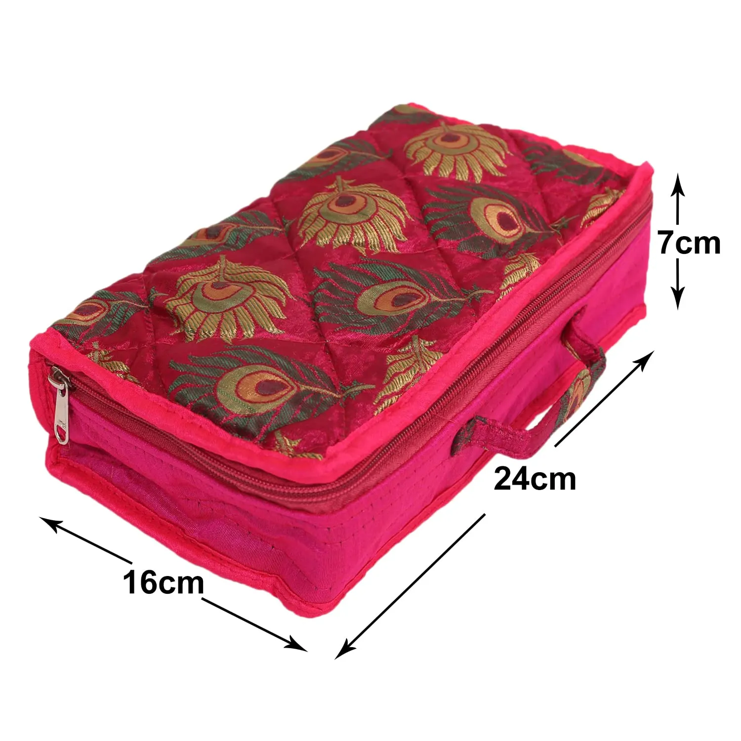 Heart Home Feather Print Satin Jewellery Organizer For Small Jewellery With 4 Pouches (Pink) 54HH4062.