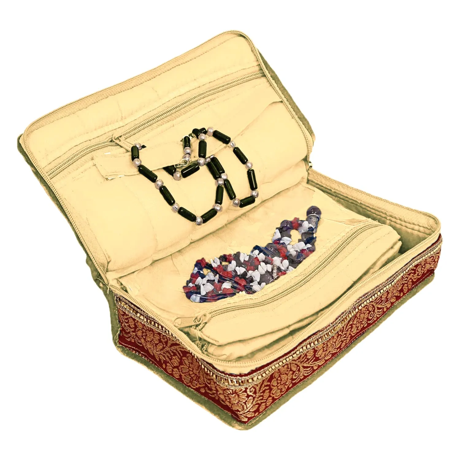 Heart Home Satin Flower Print Jewellery Organizer For Watches, Small Jewellery With 4 Pouches (Cream) 52HH3996